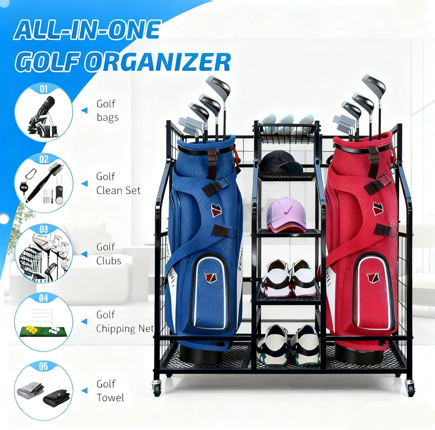 Golf Bag Storage Organizer Stand with Wheels - Heavy Duty Steel Rack Holds 2 Golf Bags with Central Storage Shelf for Golf Balls, Shoes & Accessories, Space Saving Garage Golf Club Equipment Holder