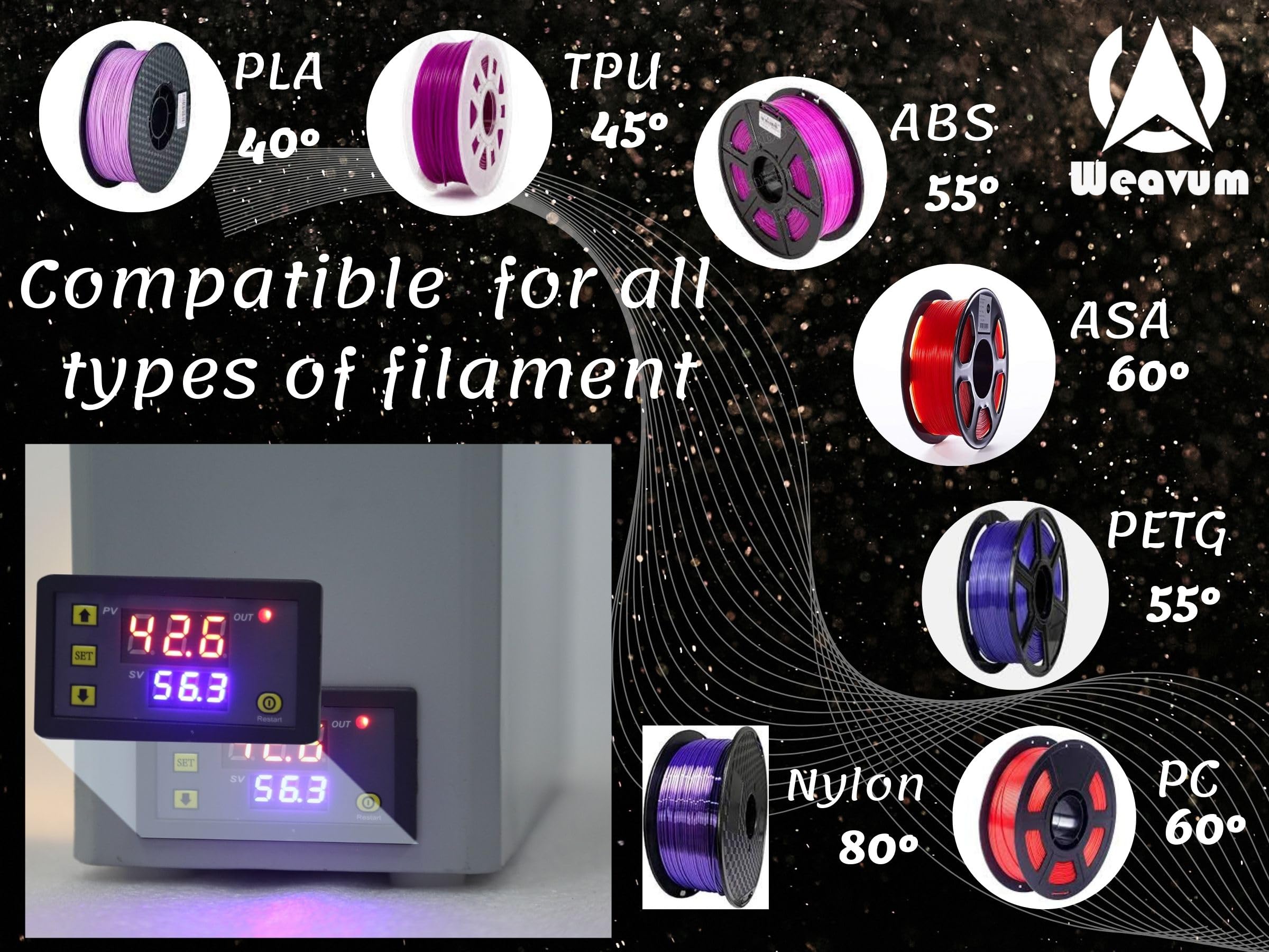 Weavum 3D Fila-Dryer, Single Spool 3D Printer Filament Dryer Box, 360° Circulation of Heat, Compatible for PLA/TPU/ABS/PETG/PC/Nylon, 1.75-3.00mm 3