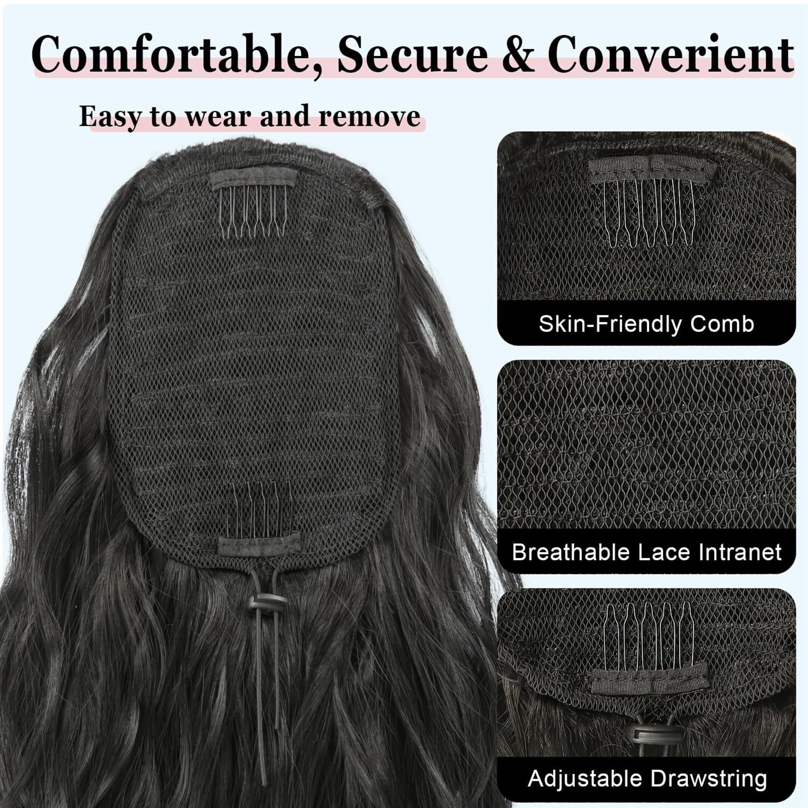 Cola de Caballo Extensión de cabello de cola de caballo for mujer, postizos de cola de caballo con cordón ondulado y rizado largo, cola de caballo falsa sintética, negro, Rubio y rojo Chica Postizos d