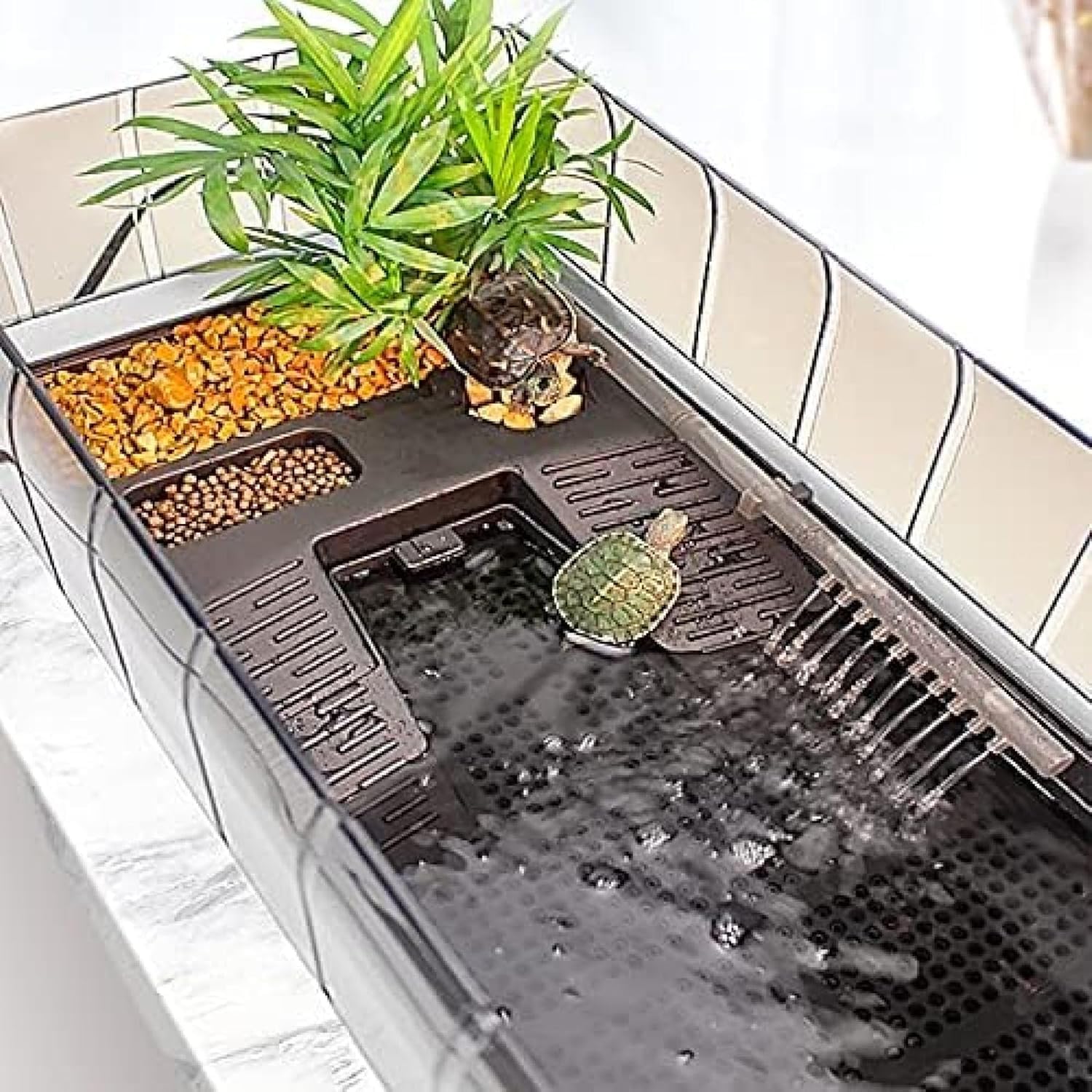 Schildkrötenbecken Aquarium mit Plattform und Pflanzen, einfacher Wasserwechsel und Reinigung, ausbruchsicheres Design für Reptilienlebensraum