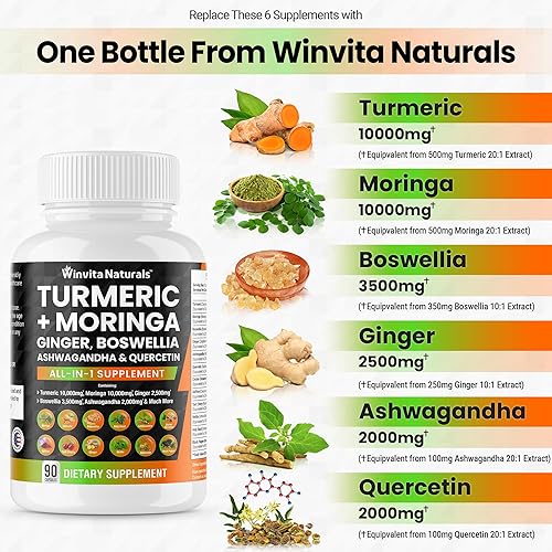 Miniatura 2 de Curcumina de cúrcuma 10000 mg Moringa 10000 mg Boswellia 3500 mg jengibre 2500 mg azafrán 2000 mg - Suplemento de apoyo articular para mujeres y