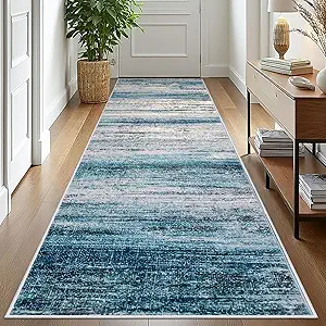 KOZYFLY Runner Rug 3x10 Modern Ombre Runners for Hallways, Washable Rugs for Bedroom Non-Slip Soft Stain Resistant Striped, Print Distressed Blue Abstract Carpet for Living/Laundry/Kid Room
