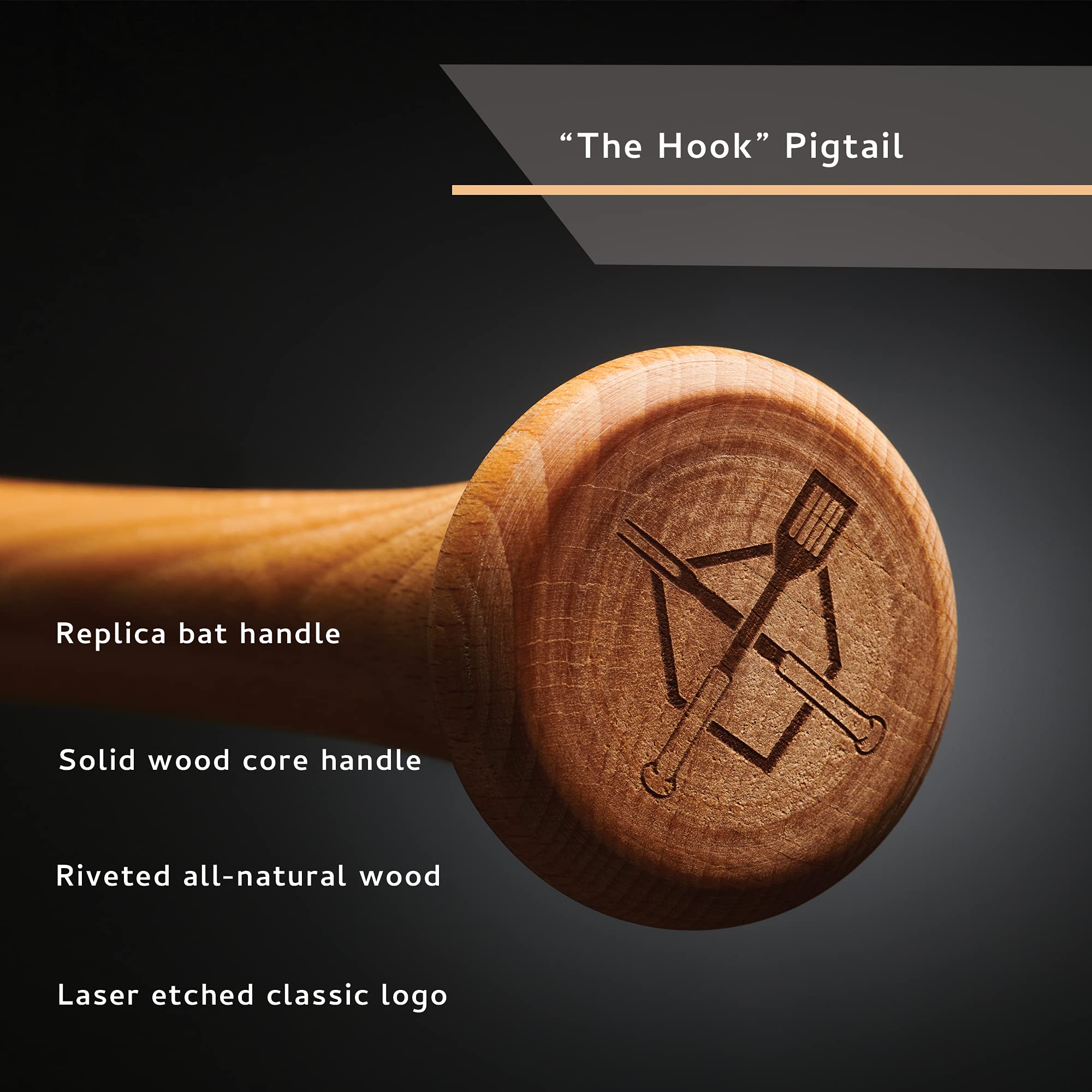 Baseball BBQ | 'The Hook' Grill Pigtail | BBQ Grilling Accessories & Utensils for Baseball Fans | Patented Wooden Bat Handle & Quality Stainless Steel for Dad | Add to Set