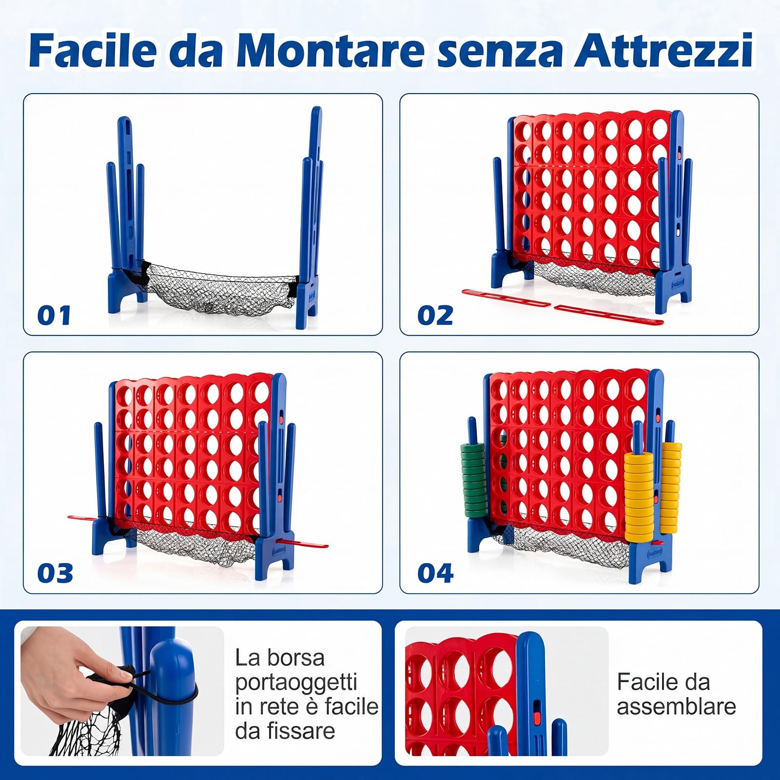COSTWAY Forza 4 Gigante per Bambini e Adulti, Set Forza 4 per Interni ed Esterni con Rete per Pedine e 42 Pedine, Gioco Familiare per Feste e Vacanze
