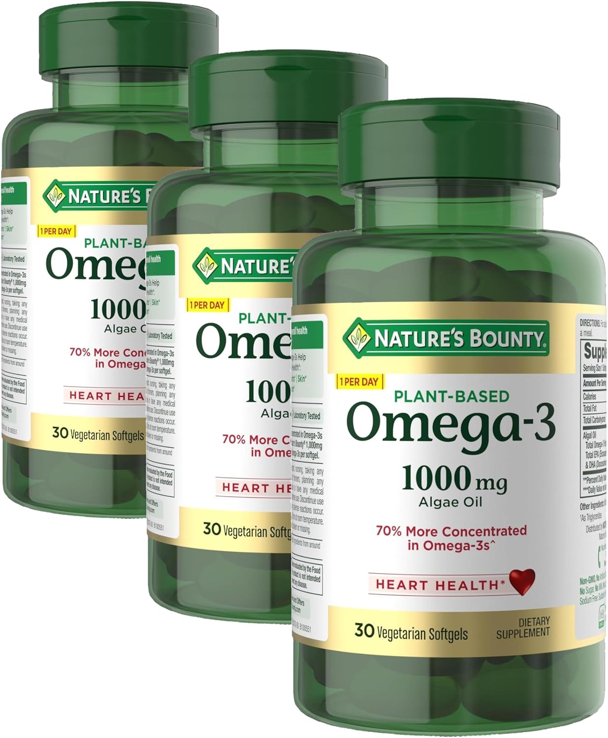 Nature's Bounty Omega 3,Plant-Based Omega 3 Fatty Acid Supplement,520mg,Supports Whole Body Health Including Heart,Skin,Joint,30 Vegetarian Softgels,Fish Oil Alternative,(Pack of 3)