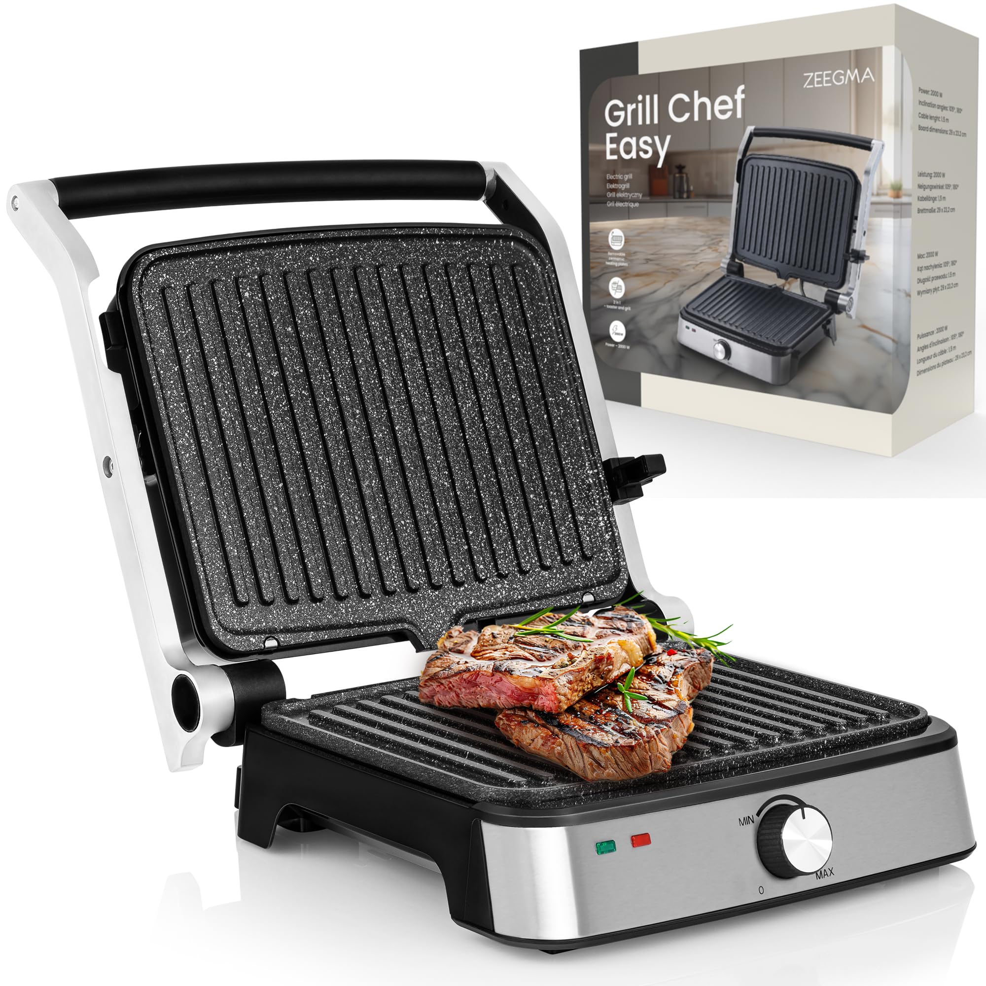 ZEEGMA GRILL CHEF EASY Elektryczny Grill 2 w1 i Opiekacz do Panini Tostów, Moc 2000 W, Nieprzywierająca Płyta Ceramiczna, Regulacja Temperatury i Kąta Nachylenia, Mycie w Zmywarce, 29 x 23.5 cm