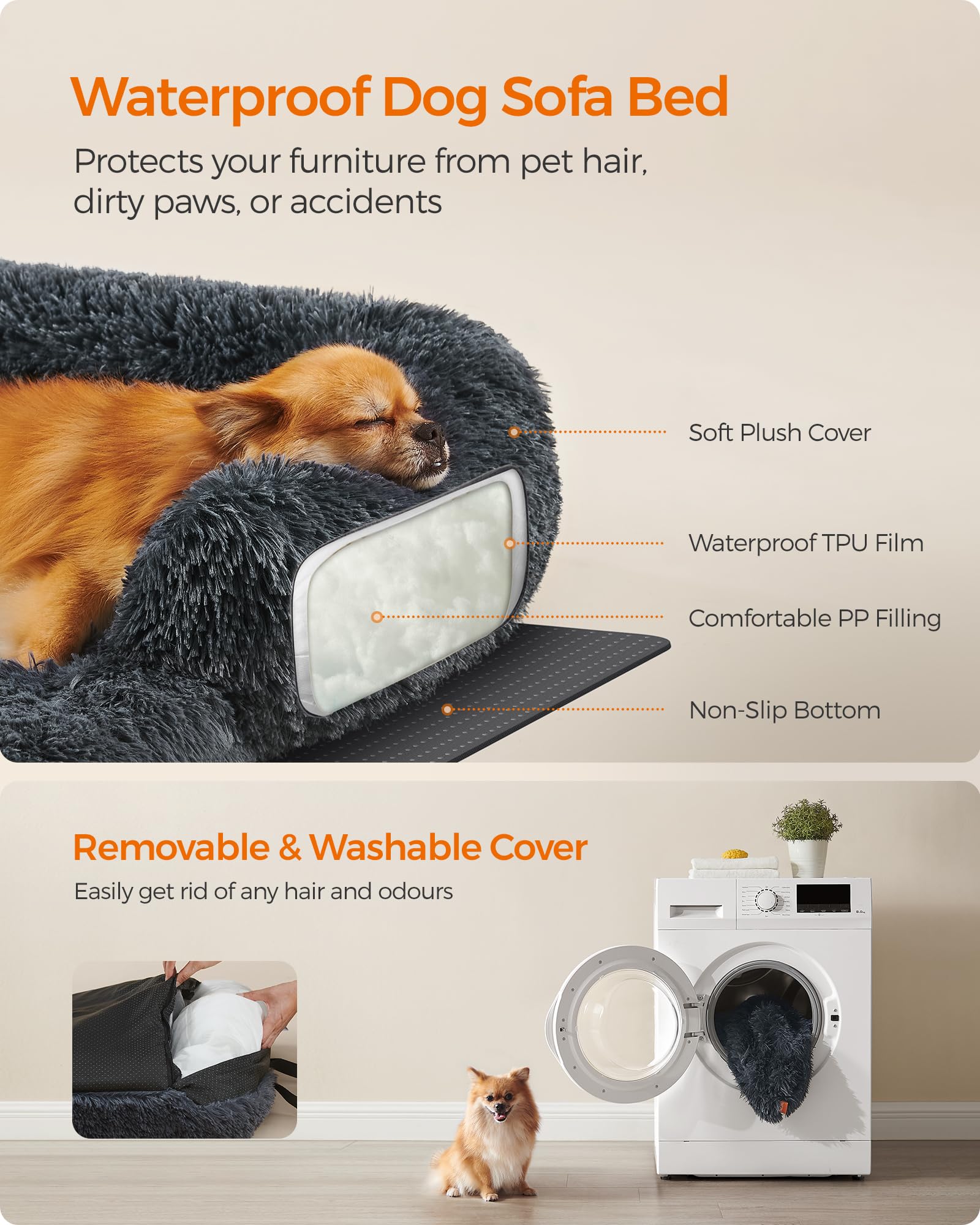 Feandrea FluffyHug Sofa Bed, Cover, Calming Bed for Small and Medium Dogs M, 80 x 75 x 16 cm, Dark Grey PGW221G02 - Image 3