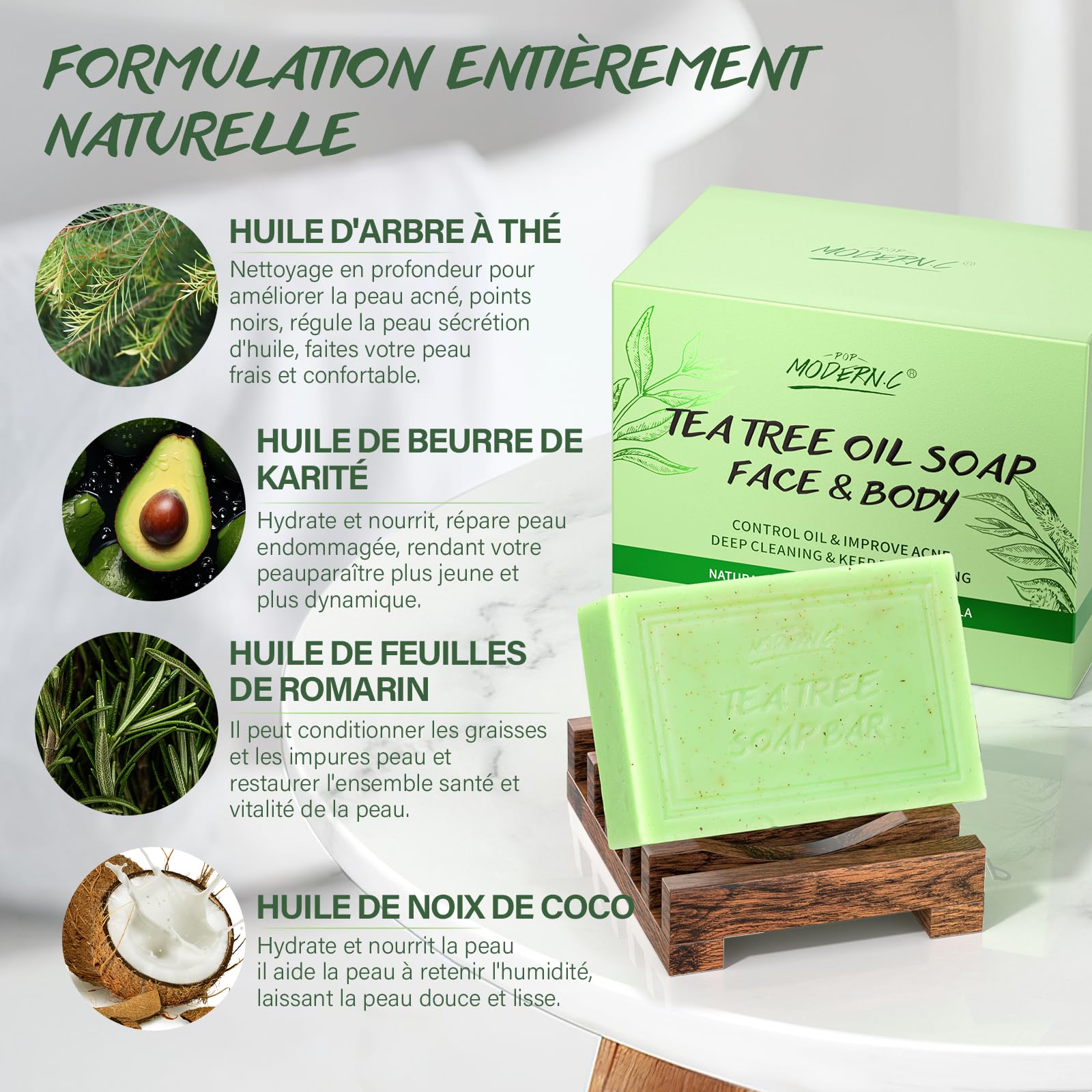 Savon à L'Huile D'Arbre à Thé, Savon de Bain Bio Pour les Mycoses CutanéEs, L'Acné et les Peaux Grasses, ÉLimine la Transpiration, les Odeurs et les DéMangeaisons, Cadeau de FêTe des MèRes, 2x150g