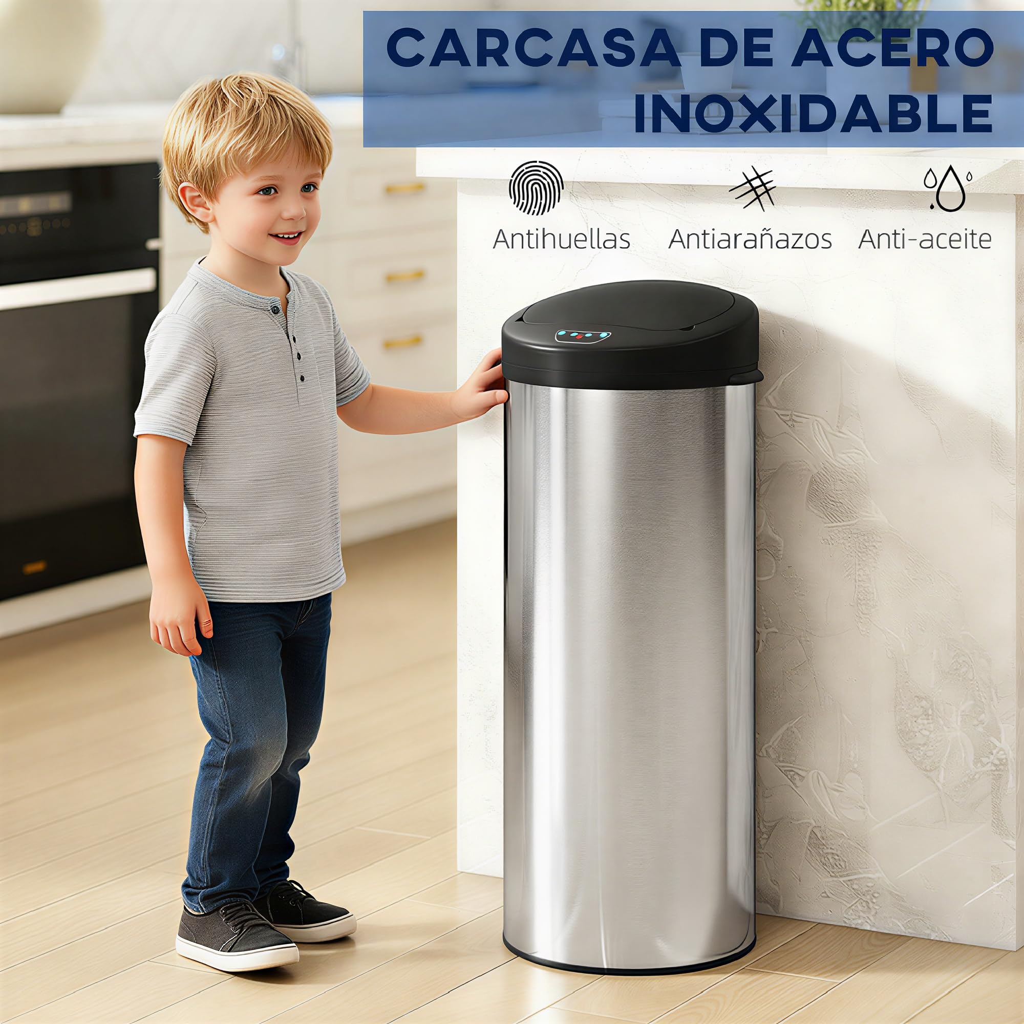 HOMCOM Cubo de Basura Cocina Automático 55 L con Sensor Infrarrojo, Papelera de Cocina de Acero Inoxidable Antihuellas con Cierre Suave y Anillo para Hogar, Oficina y Dormitorio, Plateado
