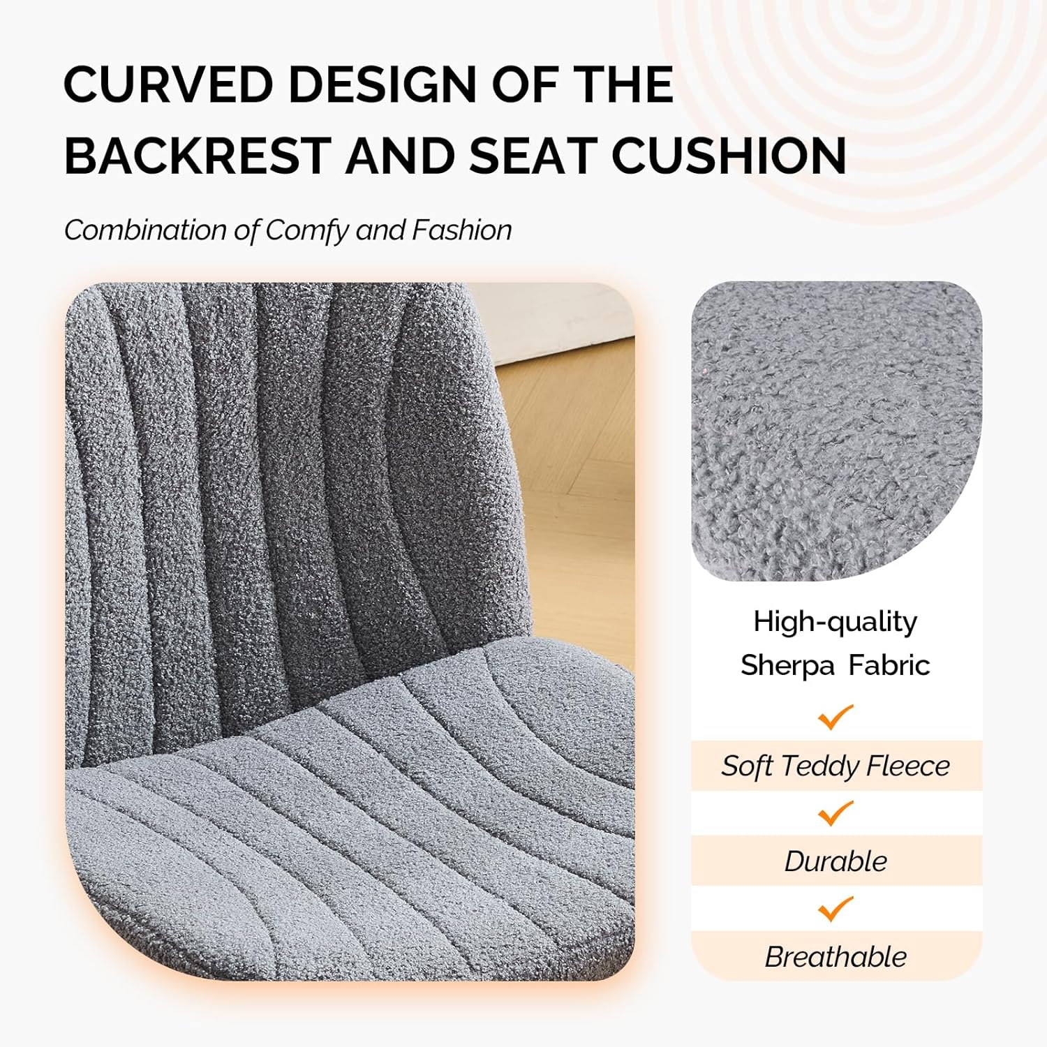 VINGLI Criss Cross Legged Chair,Wide Comfy Office Desk Chair,Dual-Use with/no Wheels Computer Task Chair,Swivel Armless Vanity Boucle Chair for Study,Make Up,Home Office,Teddy Fleece,Dark Grey