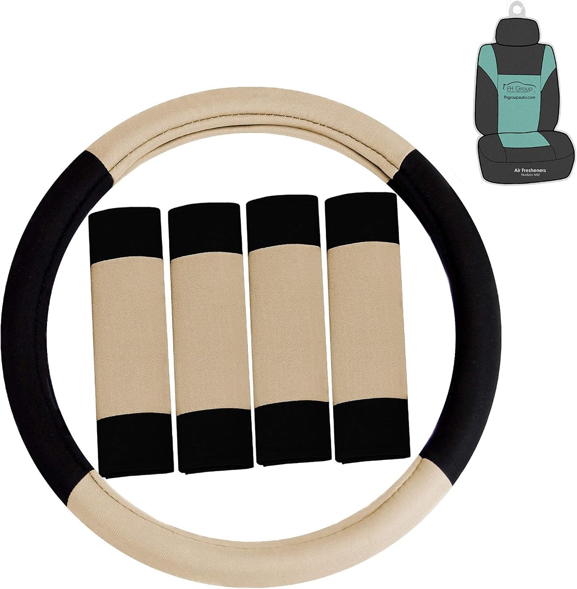 FH Group FH2033 Modernistic Steering Wheel Cover and Seat Belt Pads (Beige) – Universal Fit for Cars Trucks & SUVs