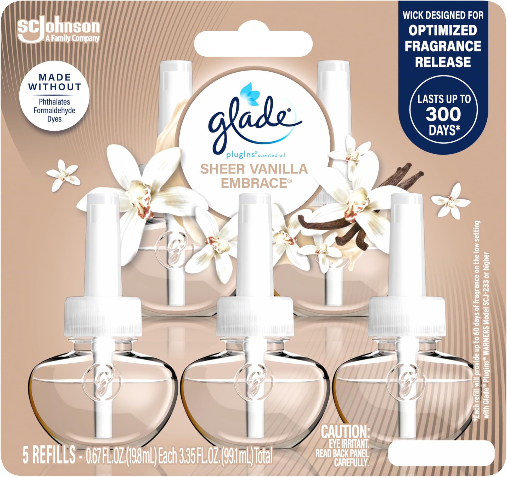 PlugIns Refills Air Freshener, Scented and Essential Oils for Home and Bathroom, Sheer Vanilla Embrace, 3.35 Fl Oz, 5 Count