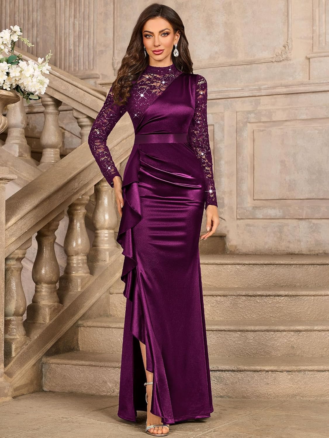 Miusol Women's Vintage Lace Contrast Satin Design Ruched Ruffle Formal Evening Maxi Dress - Image 4