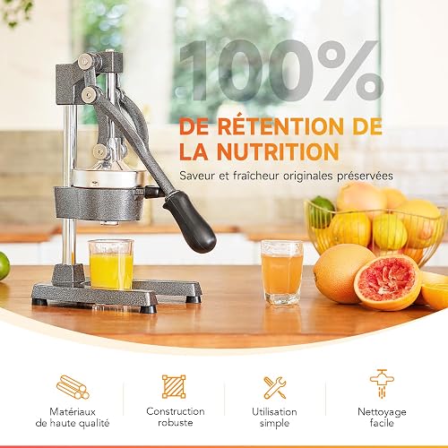CO-Z Presse Agrumes Manuel Professionnel Silencieux en Acier Inoxydable de Qualité Alimentaire Broyeur Jus Presse Orange Lime Citron Pommes Fruit, Gris - 2