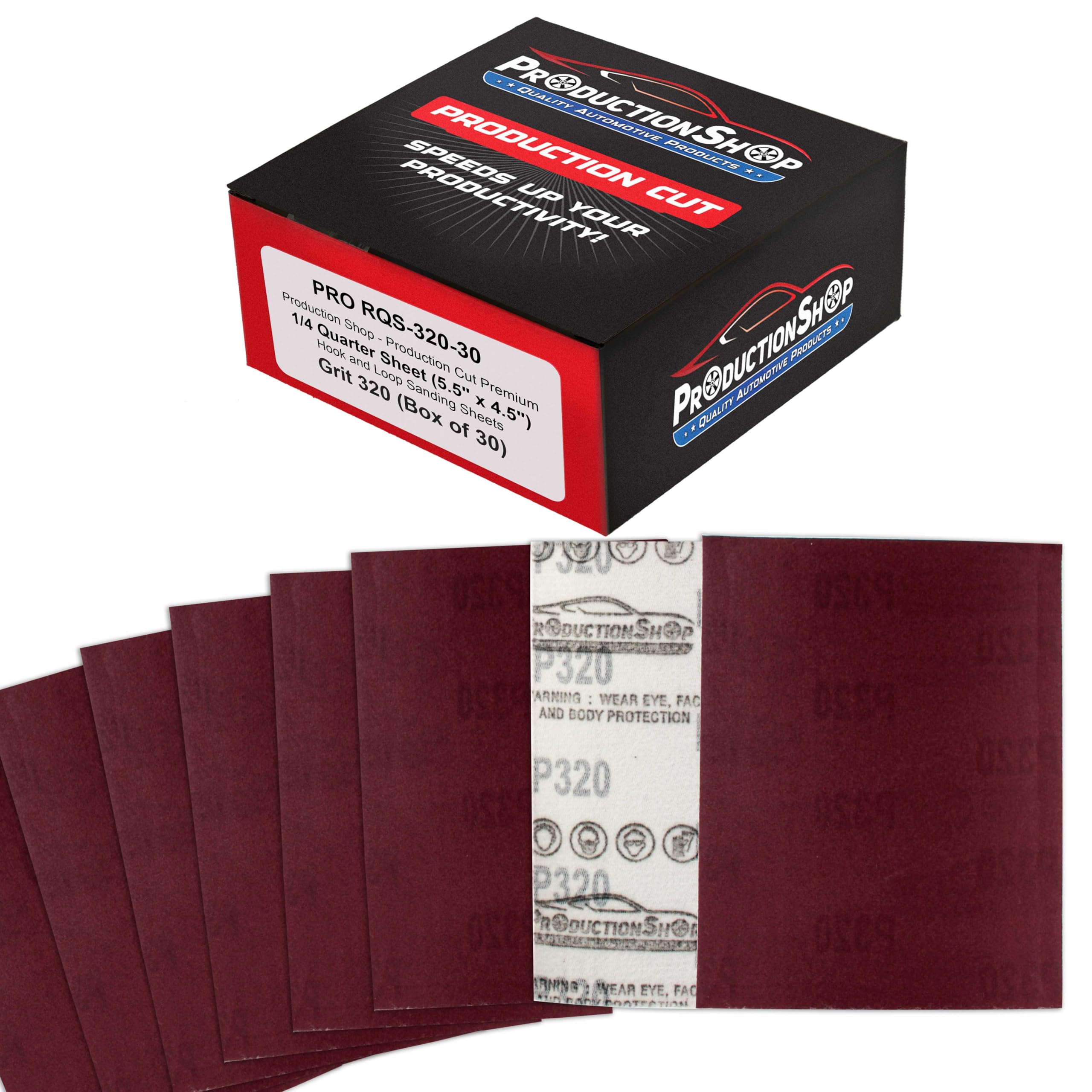 ProductionShop Premium Red 320 Grit 1/4 Sheet Size Red Sanding Sheets, Box of 30 - Hook & Loop Backing Sandpaper, Fine-Cut Abrasive - Fits Palm Sanders, Hand Sanding Blocks - Woodworking, Auto Paint