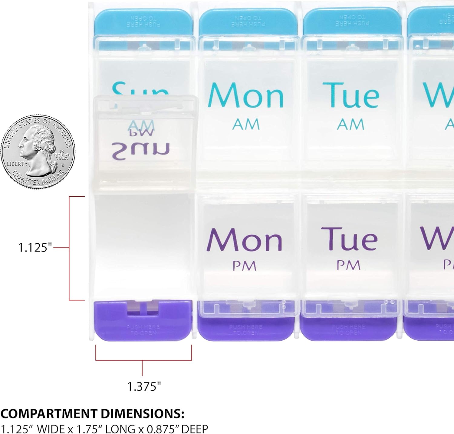 EZY DOSE Push Button Weekly (7-Day) Pill Case, Medicine Planner, Vitamin Organizer Box, 2 Times a Day, AM/PM, Large Compartments, Arthritis Friendly, Clear Lids, BPA Free, Pack of 6