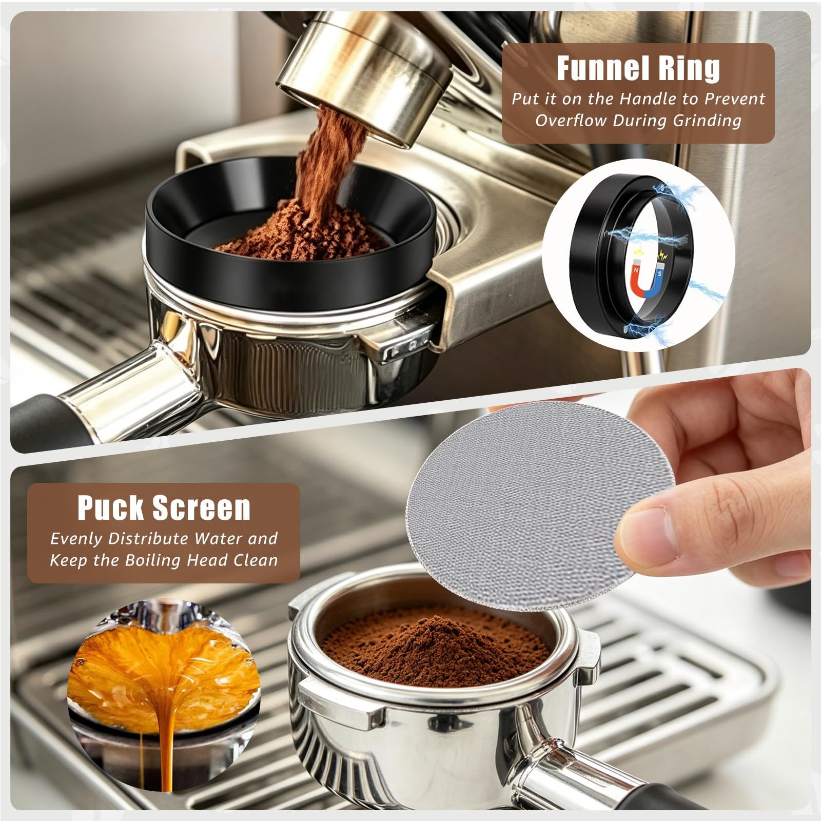 Set Accessori Espresso 8 Pezzi, Pressino 51 mm con Stazione Pressino, Livellatore, Strumento WDT, Anello Dosatore, Spazzola, Puck Screen, Frustino – per Macchine Espresso