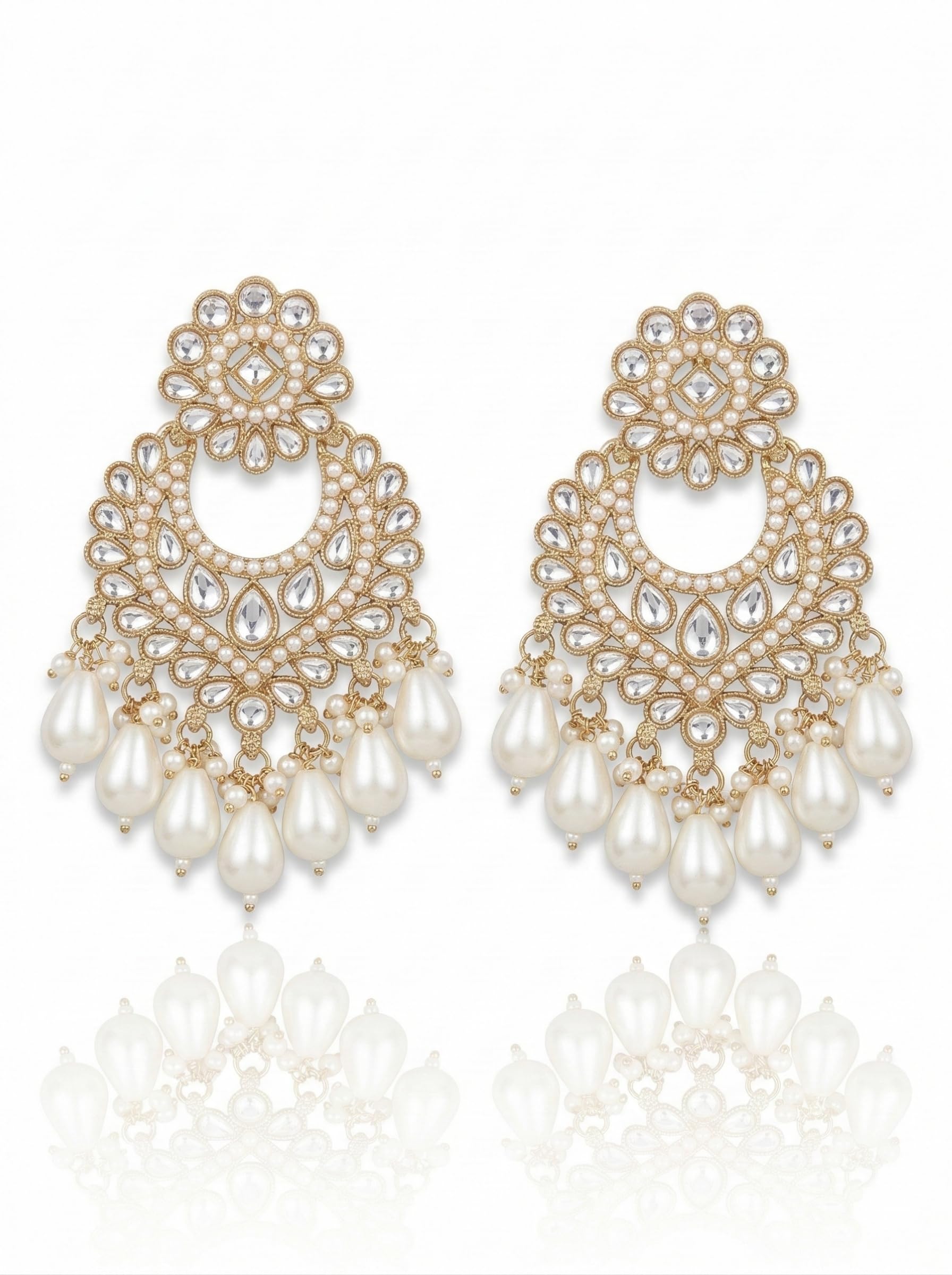 Antique Gold Chandbali Earrings for Women with Pearl Drop, Kundan Work, Traditional Indian Jewelry-image-7