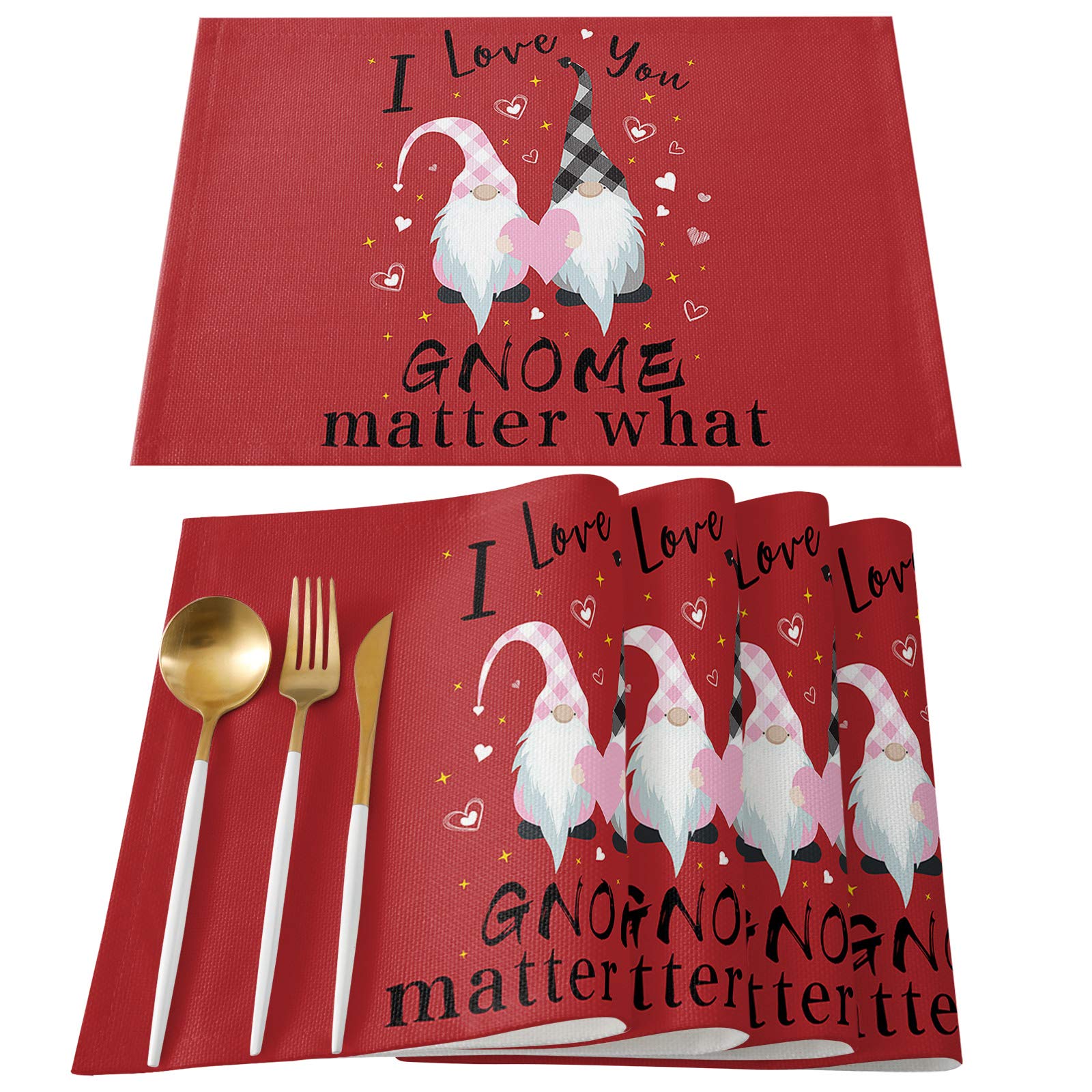 TweetyBed Valentines Placemats Hearts Pattern Gnomes Couple Table Mats for Dining Table I Love You Red Table Mats Cotton and Linen Washable 12x18in, 4pcs