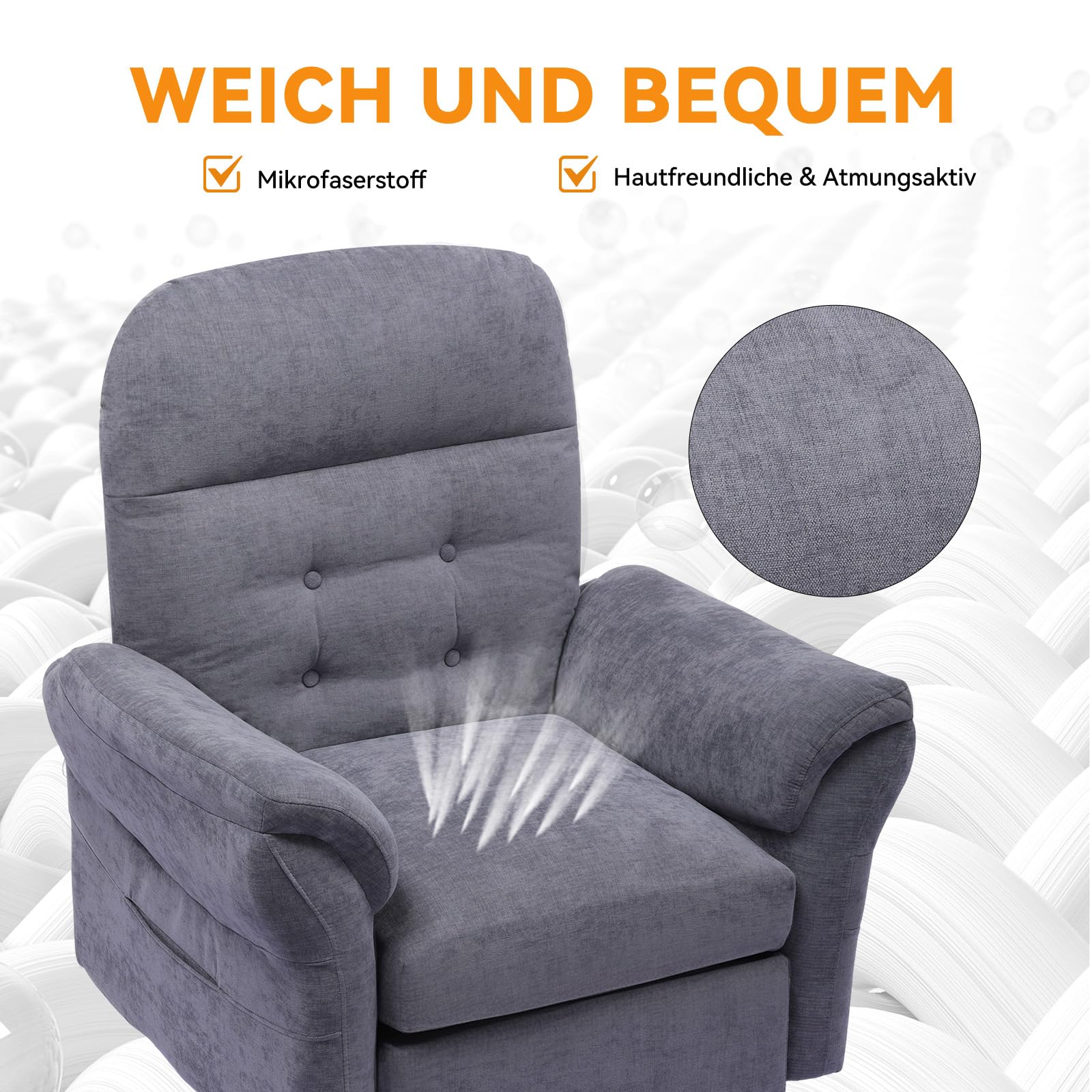 COMHOMA Relaxsessel Fernsehsessel mit Liegefunktion, Liegesessel mit Hocker & 4 Verstellbarer Rückenlehne, Polstersessel Stoff Einzelliegesessel Wohnzimmer Schlafzimmer Heimkino, Chenille, Grau