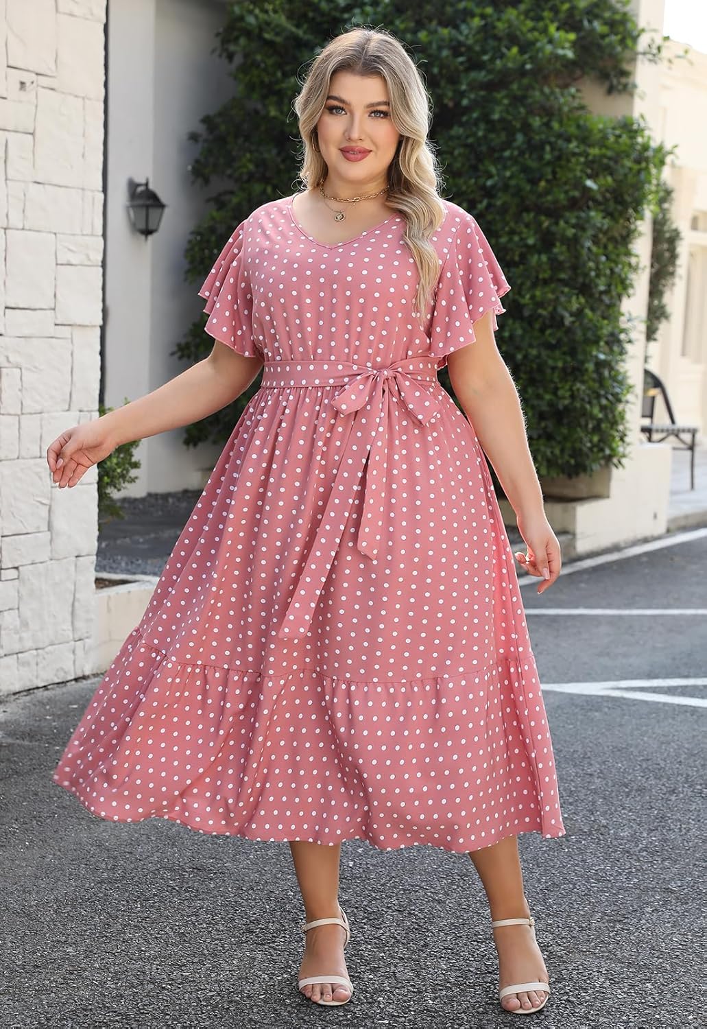 Celkuser Womens Plus Size Short Sleeve V Neck Summer Boho Casual A-Line Floral Midi Dress with Pockets - Image 3