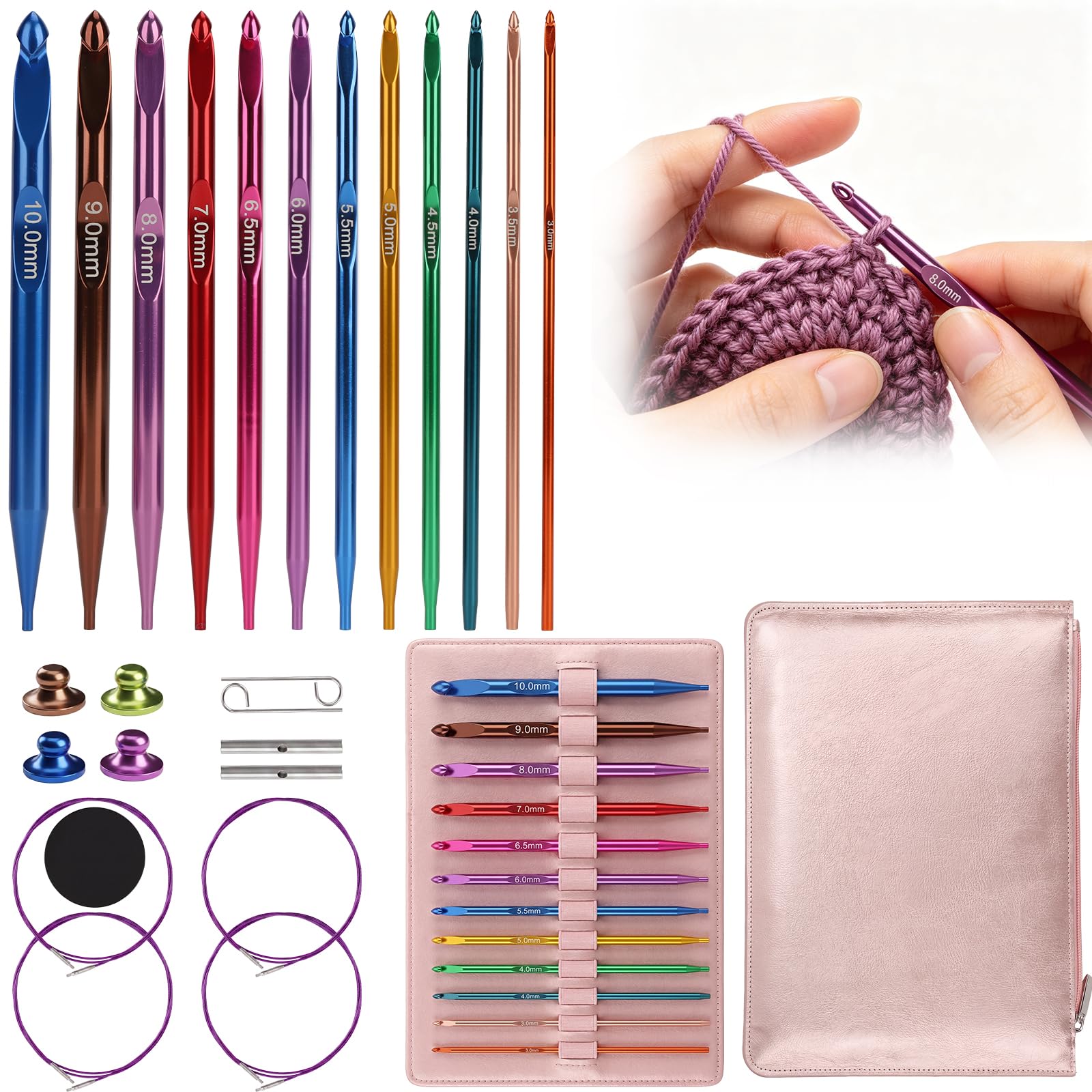 Yallmie 12PCS Agujas de Ganchillo,Juego Agujas Ganchillo de Aluminio, Agujas de Ganchillo Multicolor Establece Agujas de Tejer 3 mm-10 mm en Una Bolsa Ganchos de Ganchillo para Tejer Manualidades