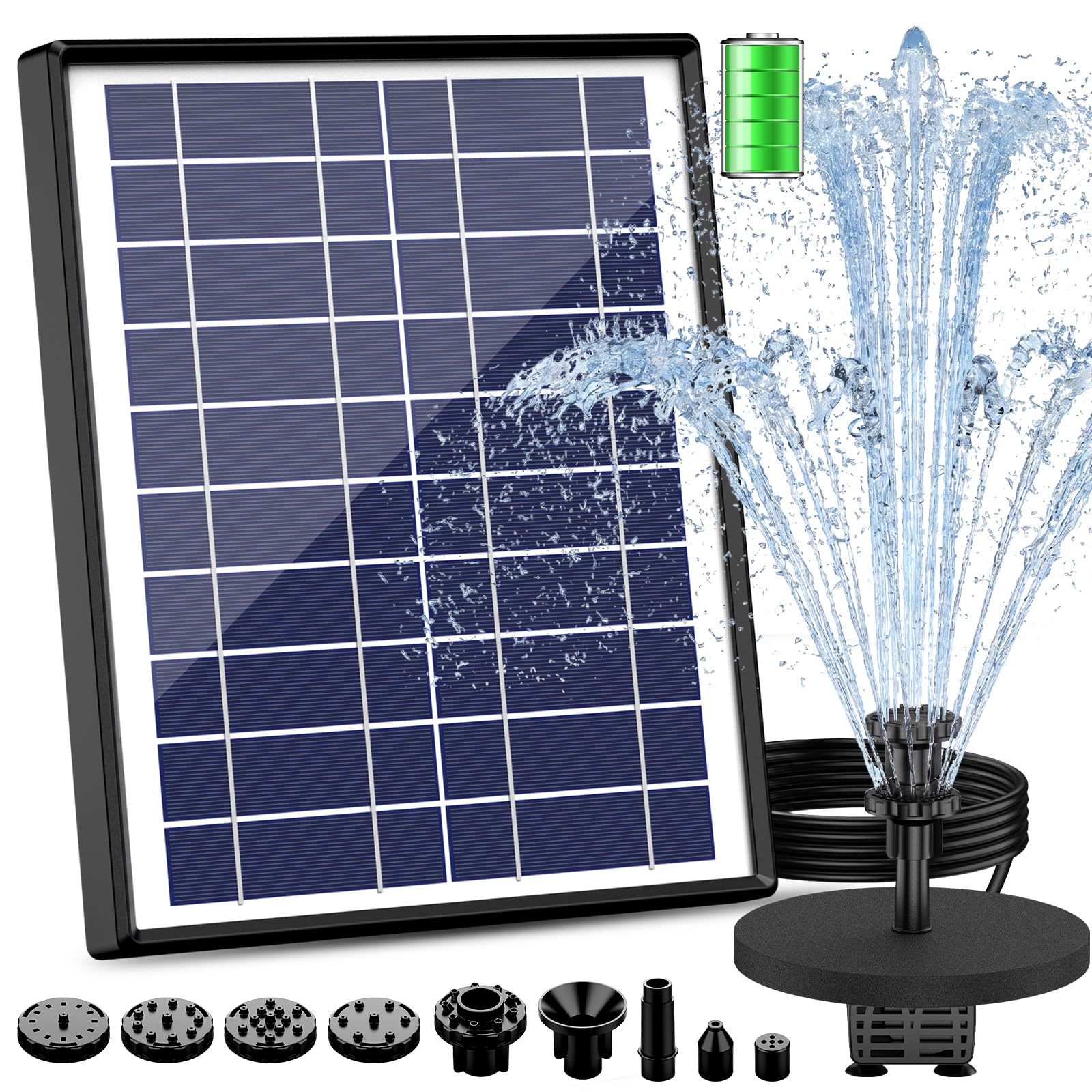 AISITIN 6,5W Solarbrunnen für Draussen, Eingebaute 1500mAh Batterie Solar Springbrunnen für Außen, Schwimmender Fontäne Pumpe mit 10 Fontänenstile für Garten,Vogel-Bad,Teich,Fisch-Behälter,Wasserspiel