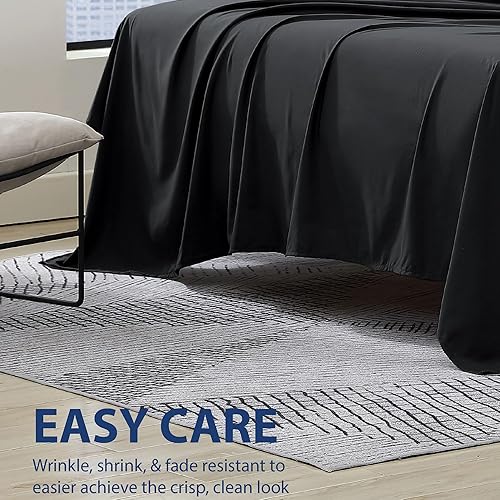 Miniatura 3 de Cathay - Sábanas planas de seda individuales de suave poliéster de lujo, Negro, Completo