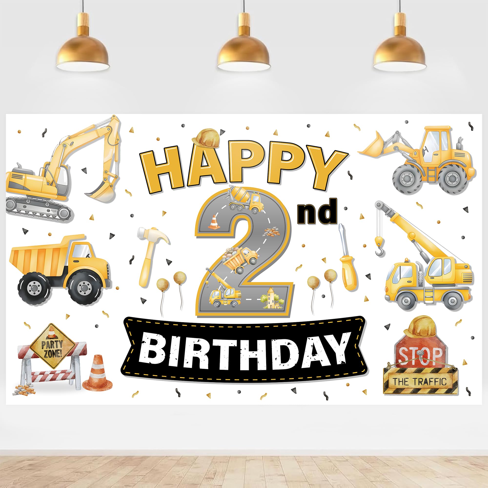 2nd Birthday Decorations Banner Boy - 1 Pcs Construction Themed Background with Excavator Dump Truck And Happy 2nd Birthday for Kids Boys 2 Year Old Party Supplies Backdrop, 180 * 110 cm