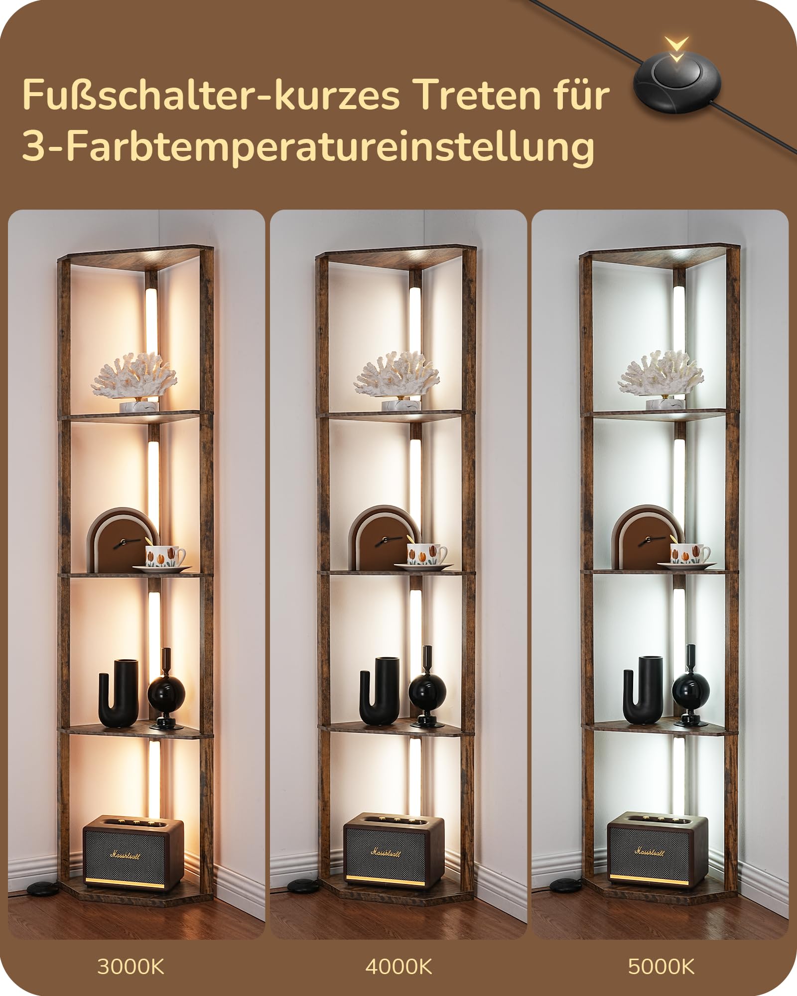EDISHINE Stehlampe mit 4 Holz-Regal, Standleuchte Wohnzimmer, LED Dimmbar Stehleuchte 3-Farbtemperatur, Leselampe mit 360° Drehbarer Lichtmast, Fußschalter, Eckregal Regalbeleuchtung