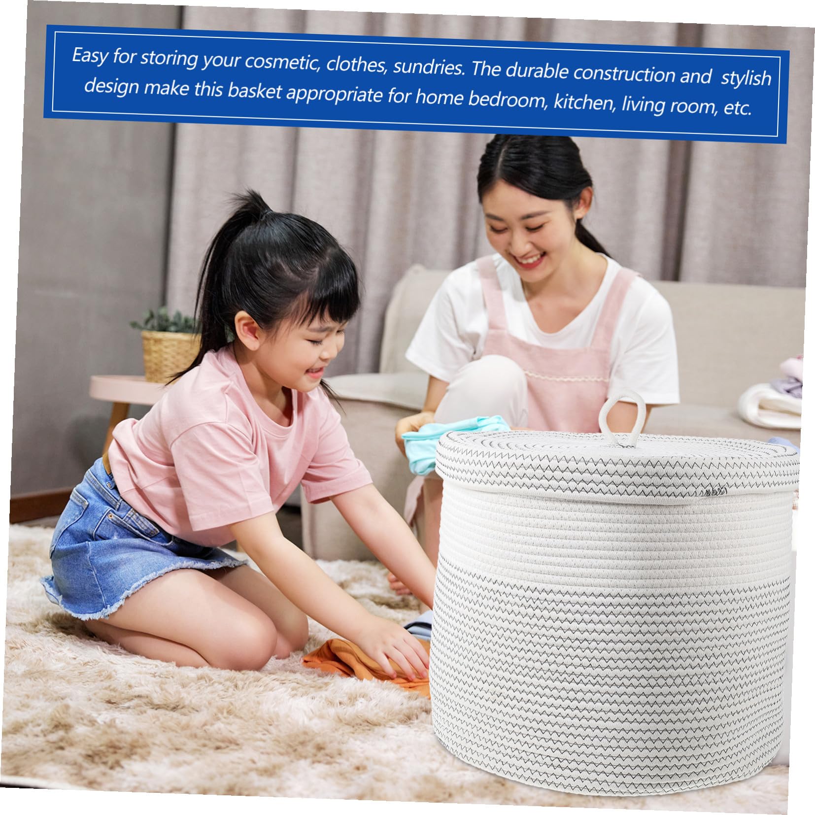Cesta de Almacenamiento Tejida de Color Claro con Tapa 40,5x35,5 Cm | Algodón Trenzado, Ligera, para Armario y Estudio, Apta para Toallas y Material de Manualidades