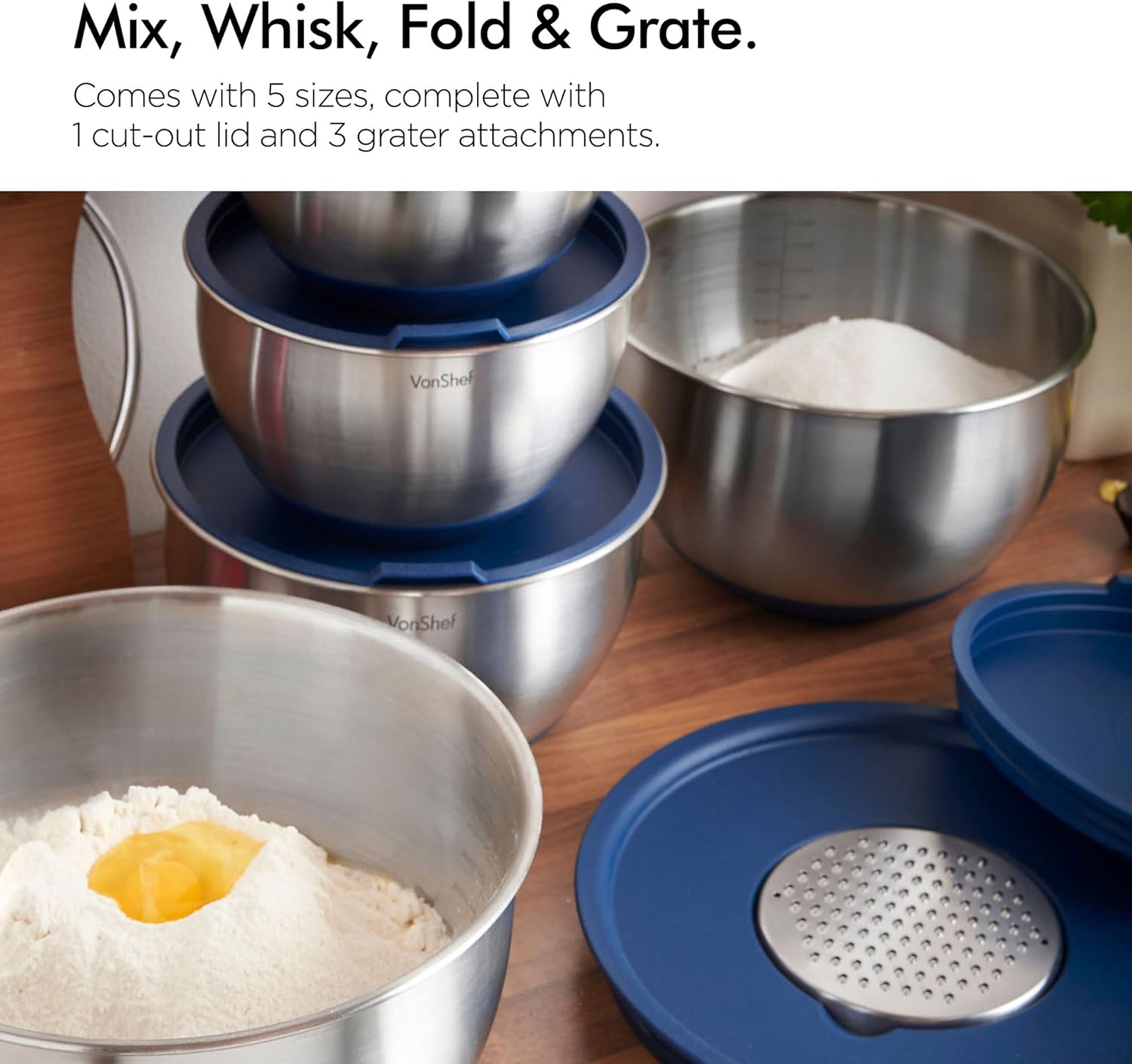 VonShef 5-Piece Stainless Steel Nested Mixing Bowl Set with Lids and Grater Attachments