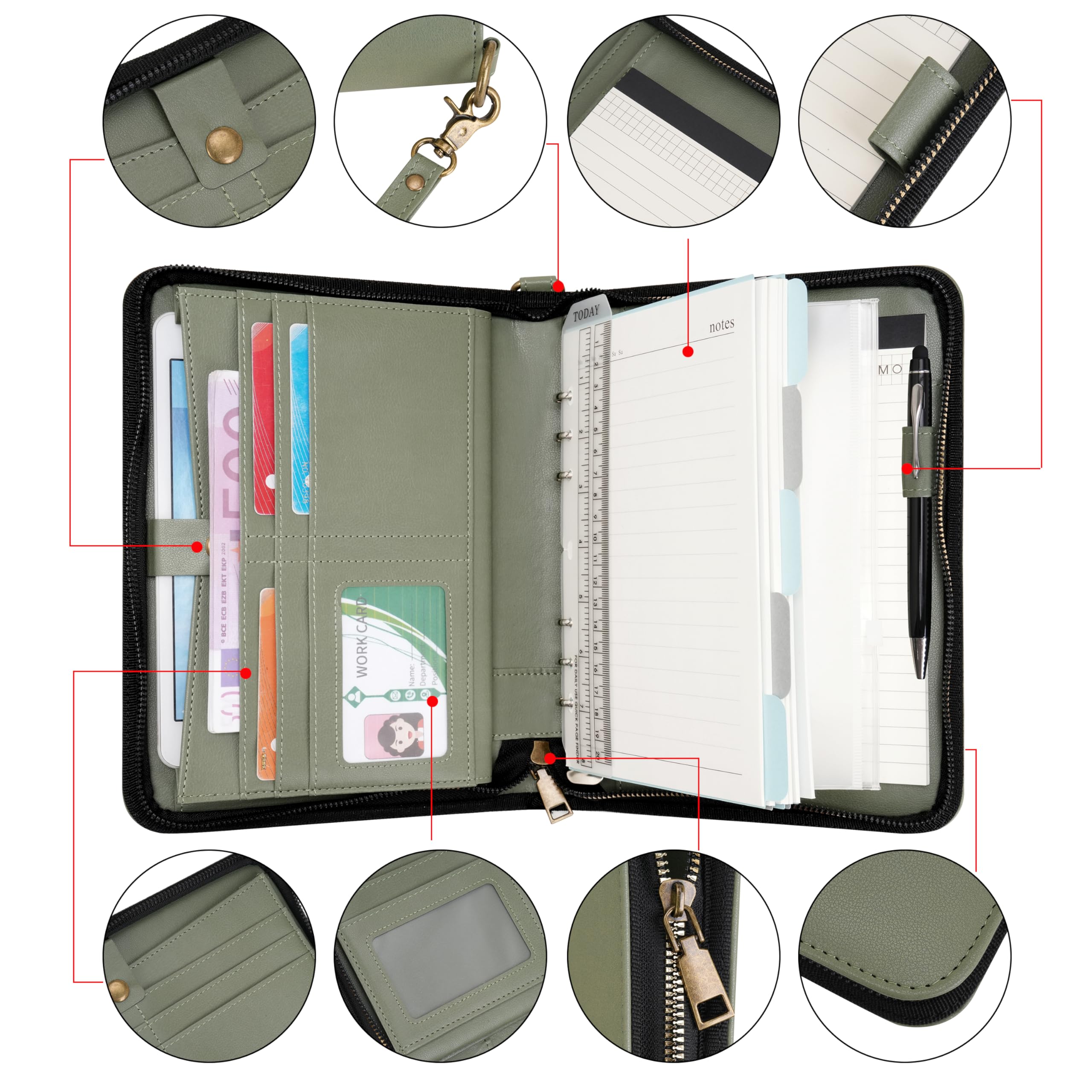 Wason A5 Ringbuch mit Reißverschluss Portfolio - Kunstleder Notizbuch Schreibmappe Padfolio mit Abnehmbarem Nachfüllbarem Schreibblock für Business Studium und Reiseorganizer (Grün)
