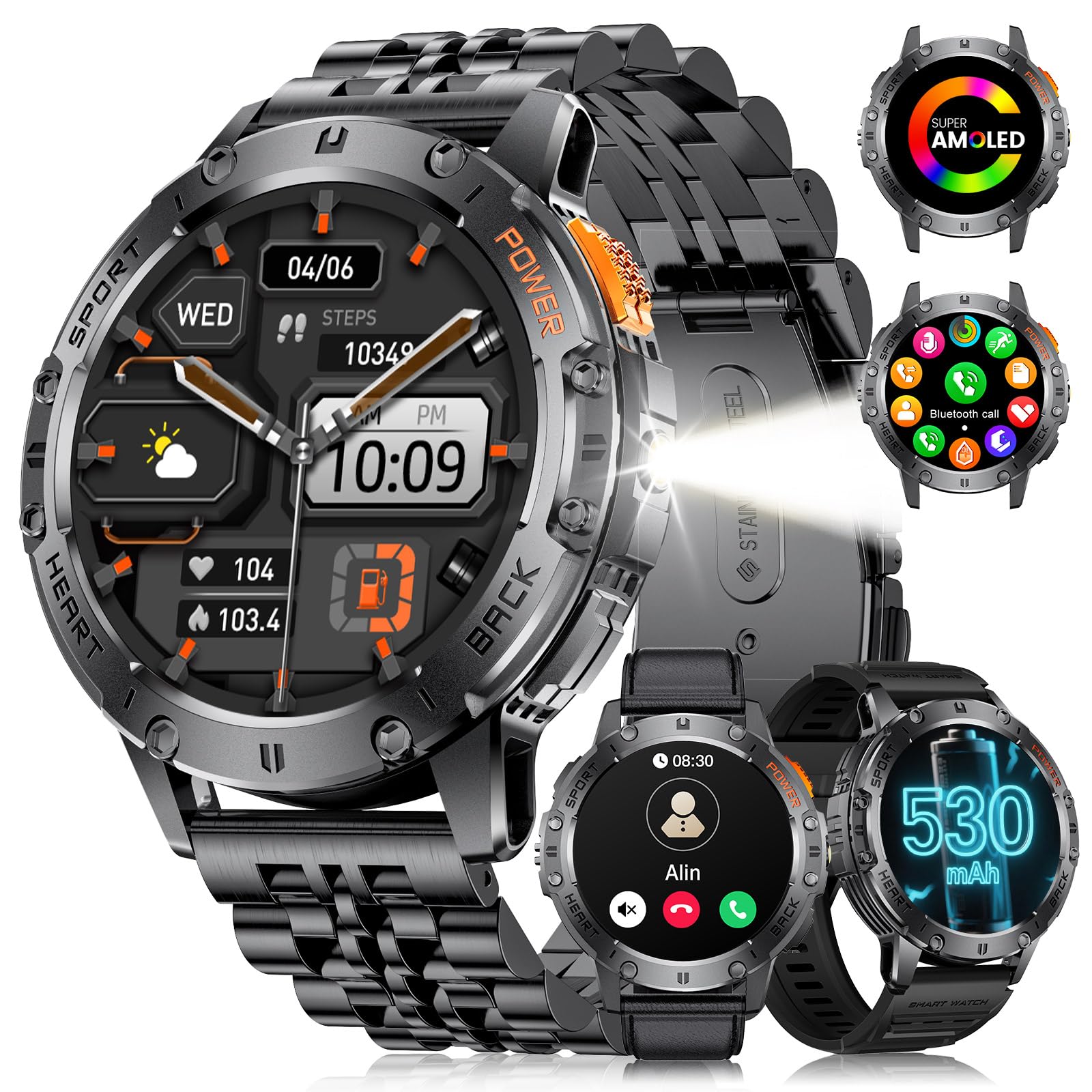 LIGE Reloj Inteligente Hombre con Llamada Bluetooth/LED Linterna/100+ Modos Deportivos, IP68 Impermeable, 1,43'' AMOLED Smartwatch Hombre para Android iOS, Negro Cuero (3 Correas)