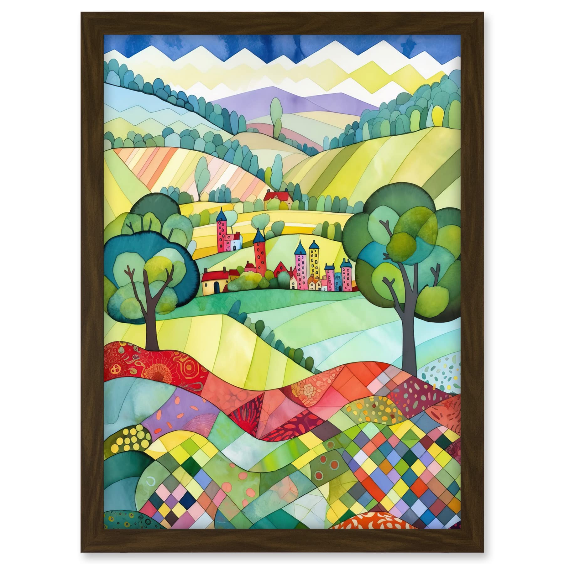 Artery8 English Countryside Rural Landscape Folk Art Watercolour Painting Artwork Framed A3 Wall Art Print