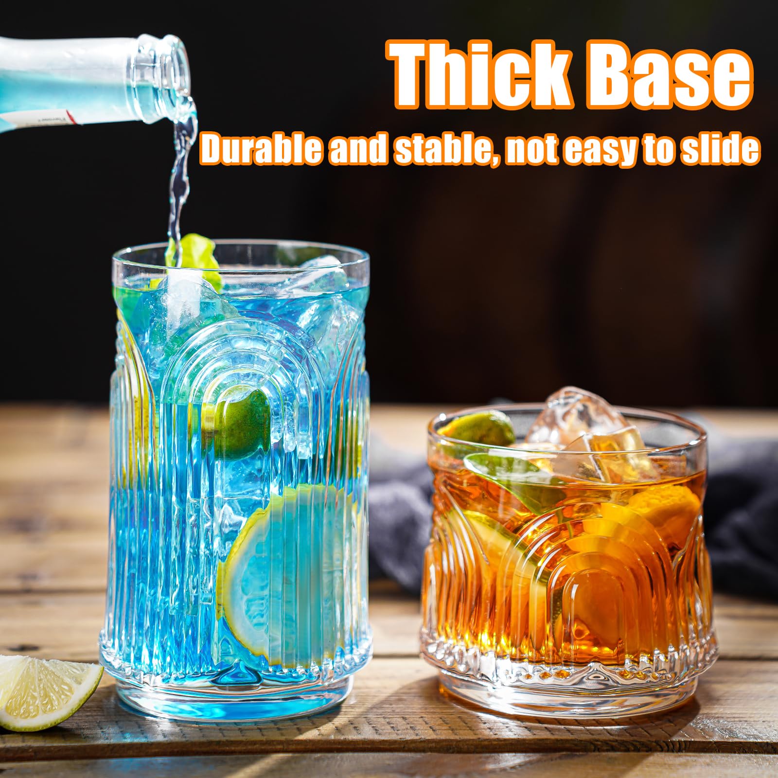 Vintage Trinkgläser, Set mit 4 handgefertigten Glasbechern, 2 Highball-Gläsern, 480 ml & 2 Rocks-Gläser, 284 ml, Mojito-Becher, Cocktailglas, Bar-Glaswaren-Set für Cocktail, Bier, Whiskey