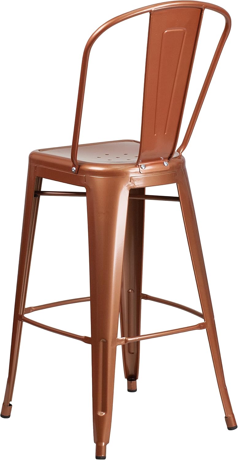 Merrick Lane Stella 30" Indoor-Outdoor Barstool - Metal Stool with Copper Finish - Vertical Slat Back - Integrated Footrest