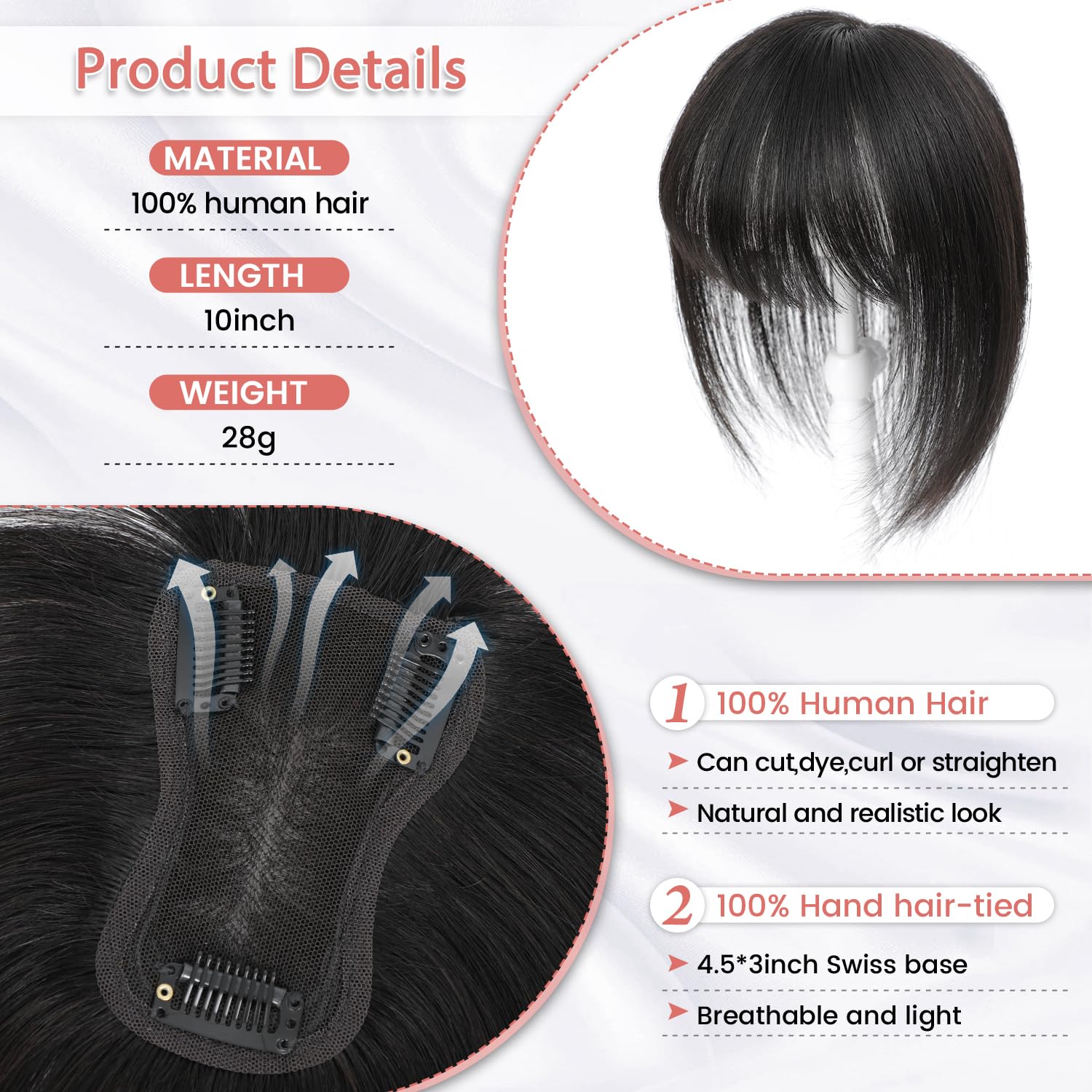 Lasunork Hair Toppers for Women Human Hair Topper with Bangs Hand-woven Swiss Base Hair Topper (Natural Black) - Image 2
