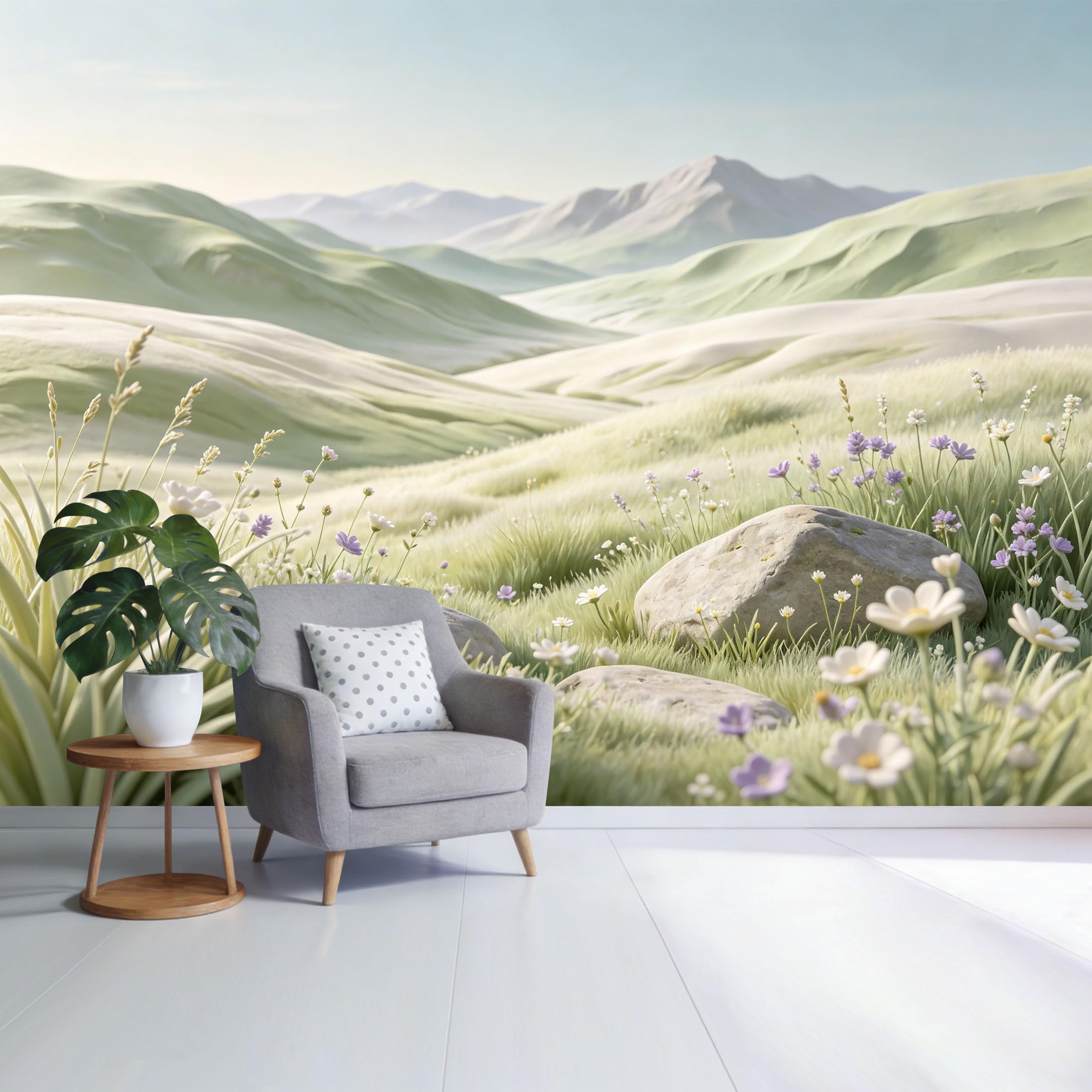 Custom Size Wall Mural Serene Mountain Landscape Meadow Flowers Pastel Green Valley Spring Nature Scene SelfAdhesive Wall Fabric Removable Wallpaper for Home Office Decor