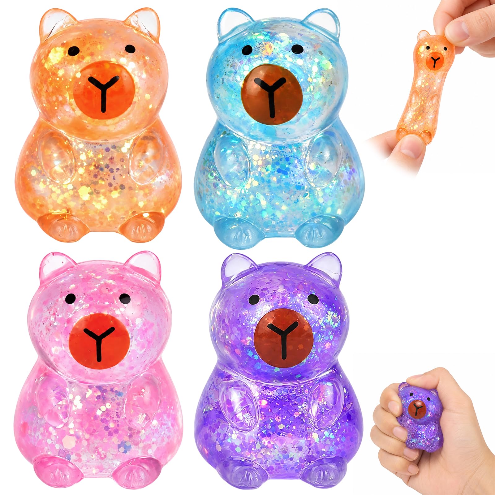 4 Pcs Capybara Fidgets, Mini Capybara Stress Balls, Stress Relief & Focus, Desktop Ornaments, Glitter Sugar Squeeze Toys for Adults Office Workers (Random Colours)