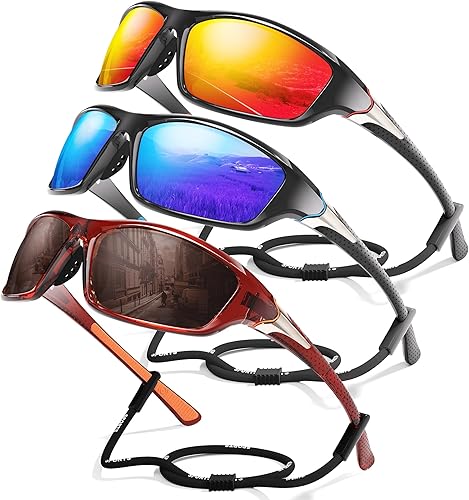 Miniatura 35 de Paquete de 3 lentes de sol deportivos polarizados para hombres, gafas de sol masculinas envolventes con protección UV para ciclismo, pesca y