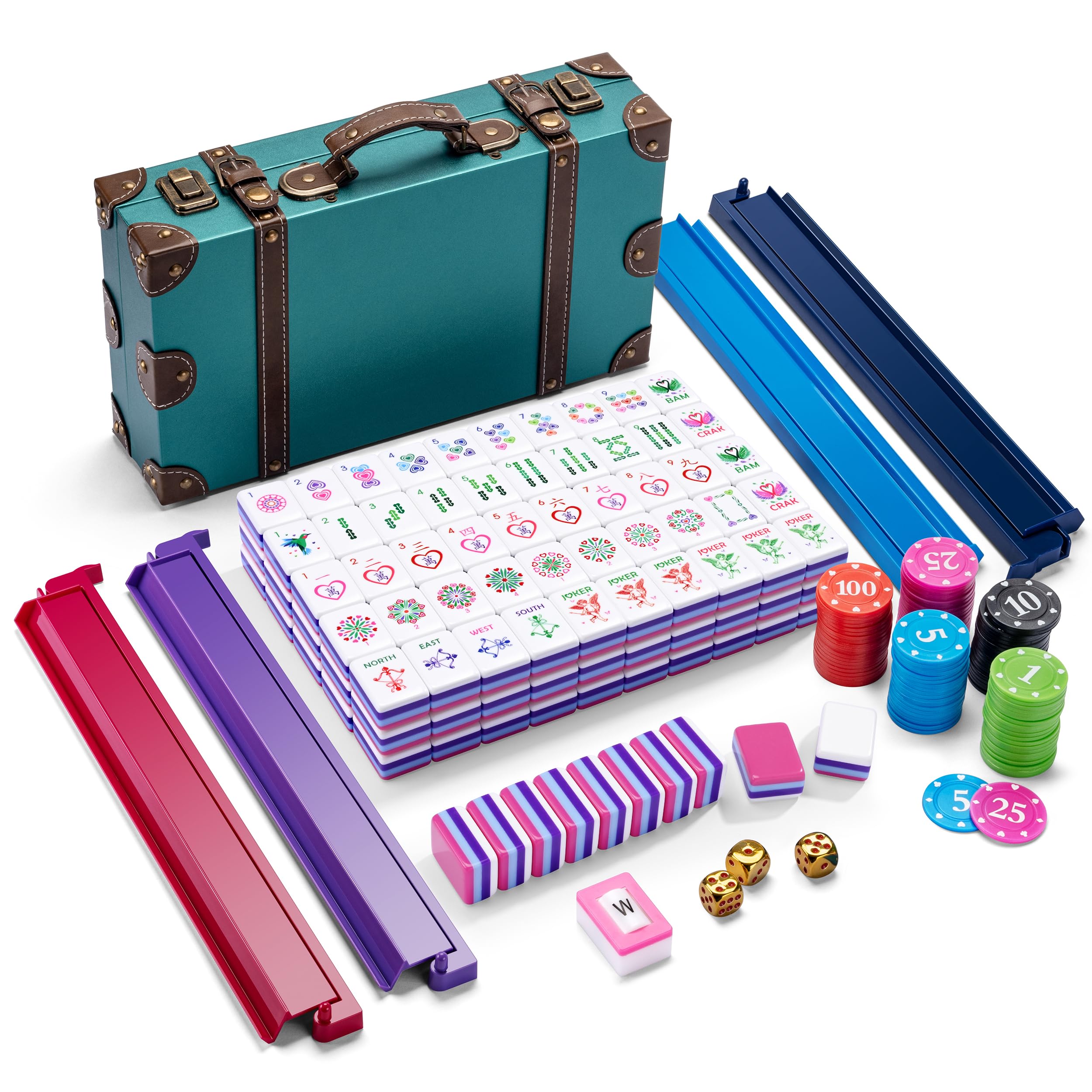 American Heart Shaped Mahjong Set - 160 Premium Acrylic Tiles, 4-Layer Heart Design, 4 All-in-One Racks & Pushers, 100 Chips, 3 Golden Dice, Vintage Leather Travel Case
