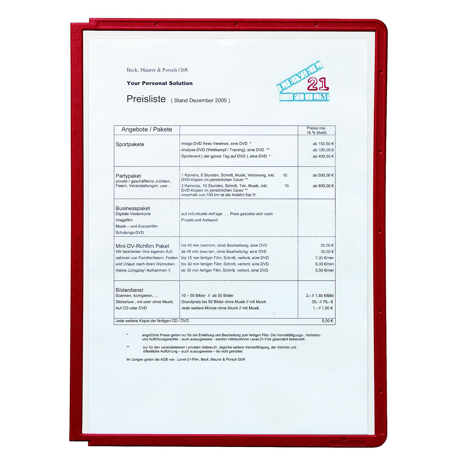 Durable | Klarsichttafel mit Profilrahmen | Für DIN A4, VE 10 Stk, orange