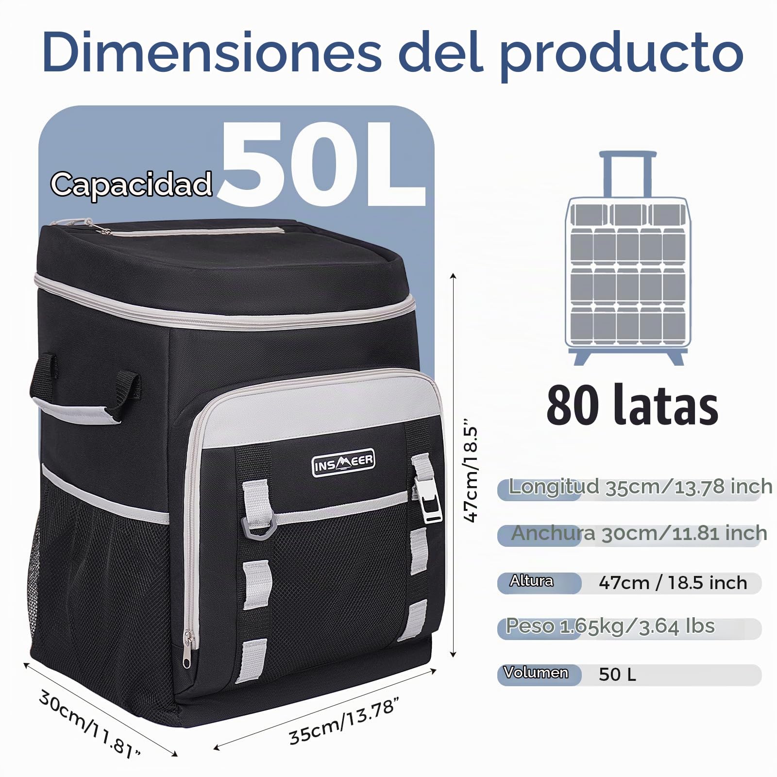INSMEER Nevera grande con ruedas 50L/80 latas, diseño plegable 2 en 1 | Nevera térmica portátil de lados suaves, familia de 4, picnic playa, compras, viajes, XXL