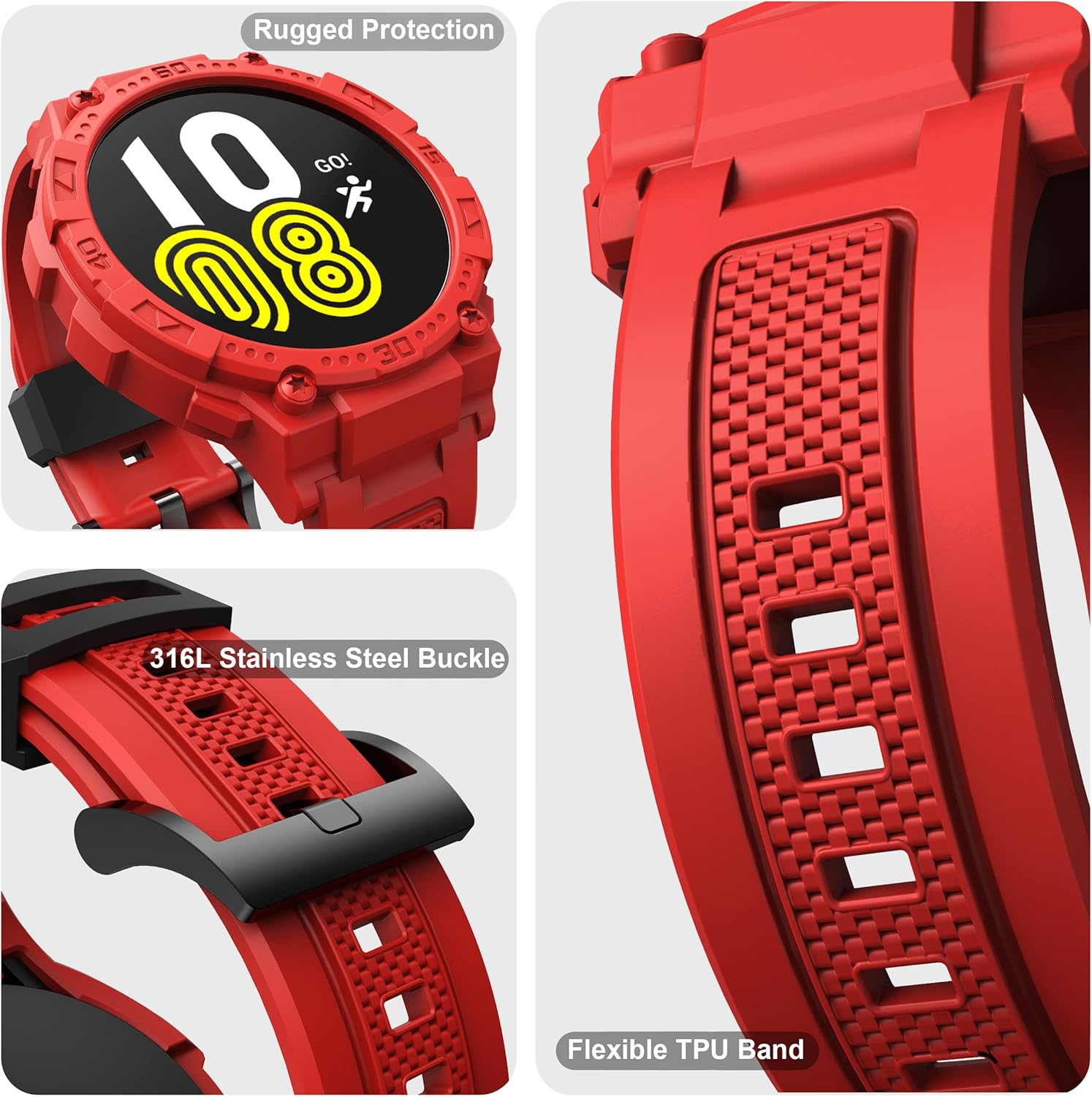 GELISHI Compatible Galaxy Watch 5/4 44mm Band with Case, Rugged Protective Case Protector Military Sport Band, Red - Image 2