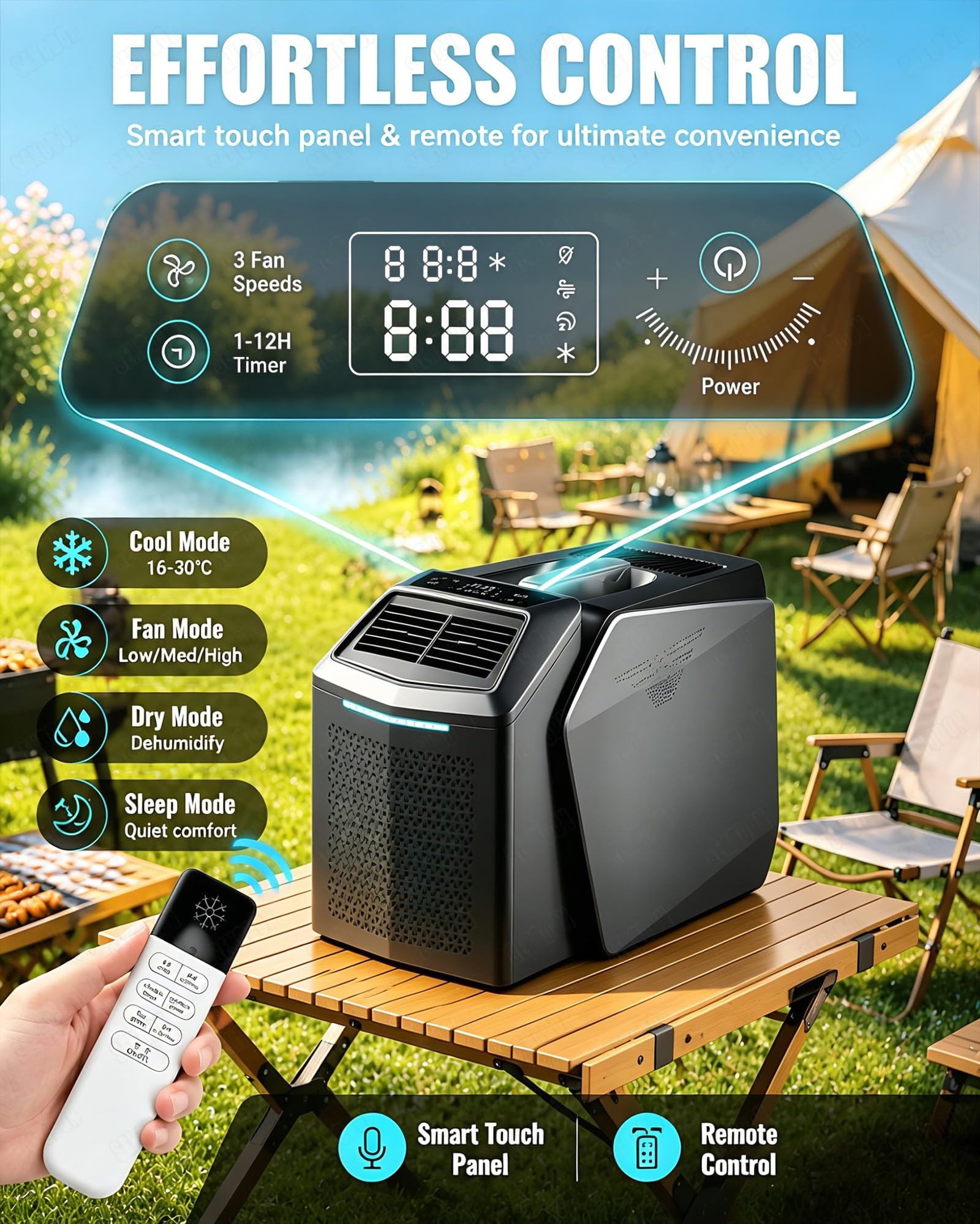 Piccola unità di condizionamento 4 in 1 per campeggio, condizionatore d'aria portatile per camper, 6200 BTU 550W, alimentazione 48V DC/110V/220V AC, dispositivo di raffreddamento compatto