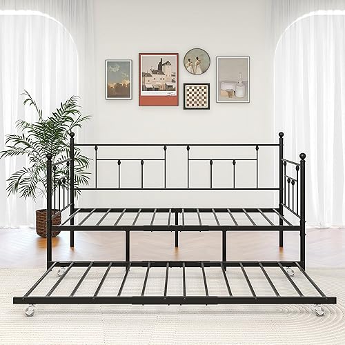 Miniatura 3 de Sofá cama de metal de tamaño individual con nido, marco de plataforma de sofá cama individual con cama nido, marco negro para sala de estar y