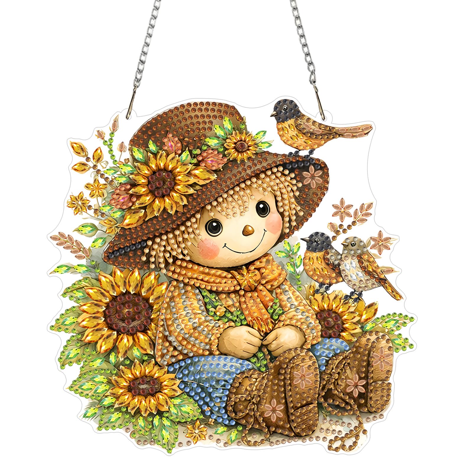 NEWENMO Scarecrow Doll Diamond Painting Hanging,5D Sunflowers Diamond Art Hanging Ornament Kits,DIY Crystal Rhinestone Acrylic Gem Art Pendant Ornaments,for Windows,Walls,Doors and Garden Decoration