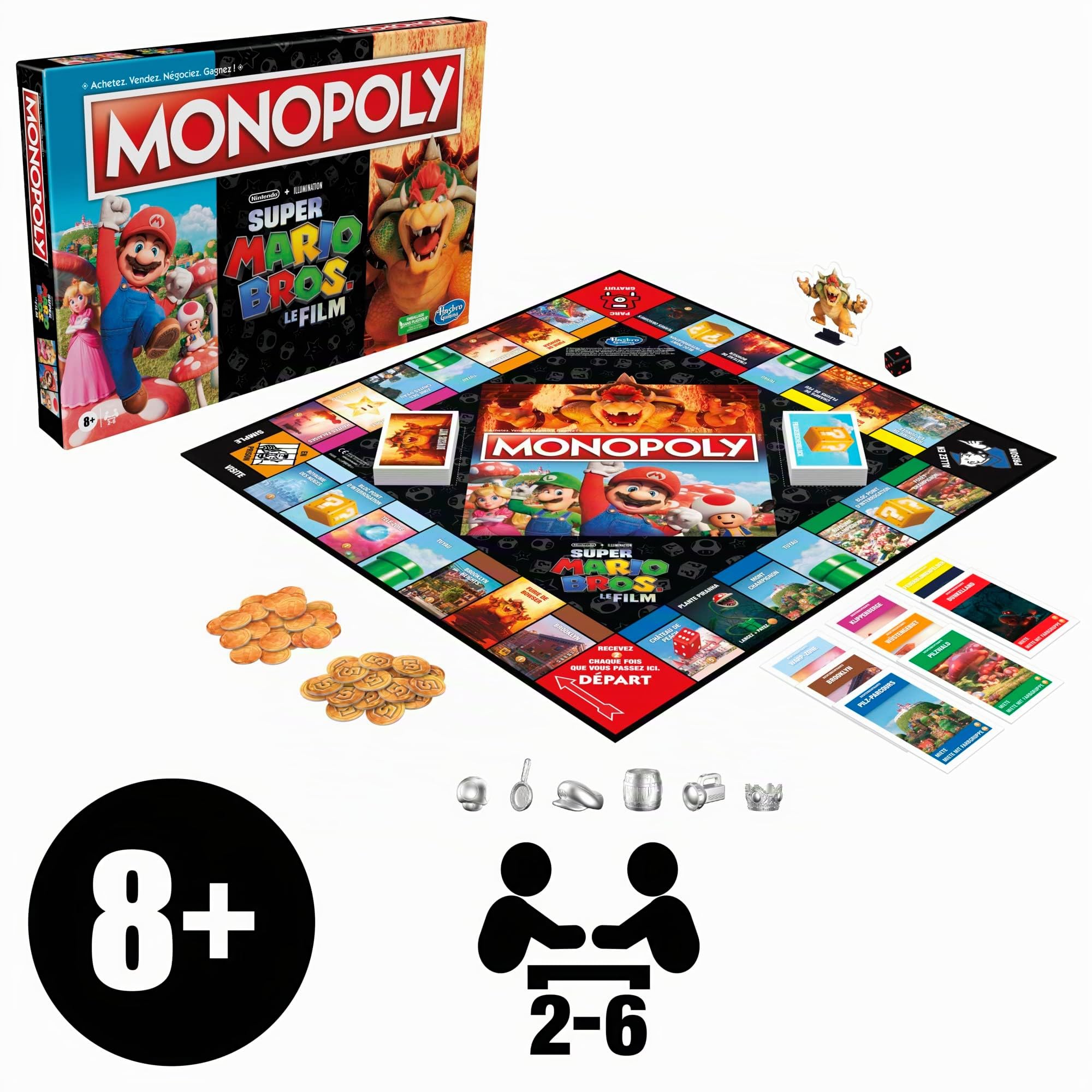 Monopoly : éditon Film Super Mario Bros., Jeu de Plateau pour Enfants, inclut pion Bowser