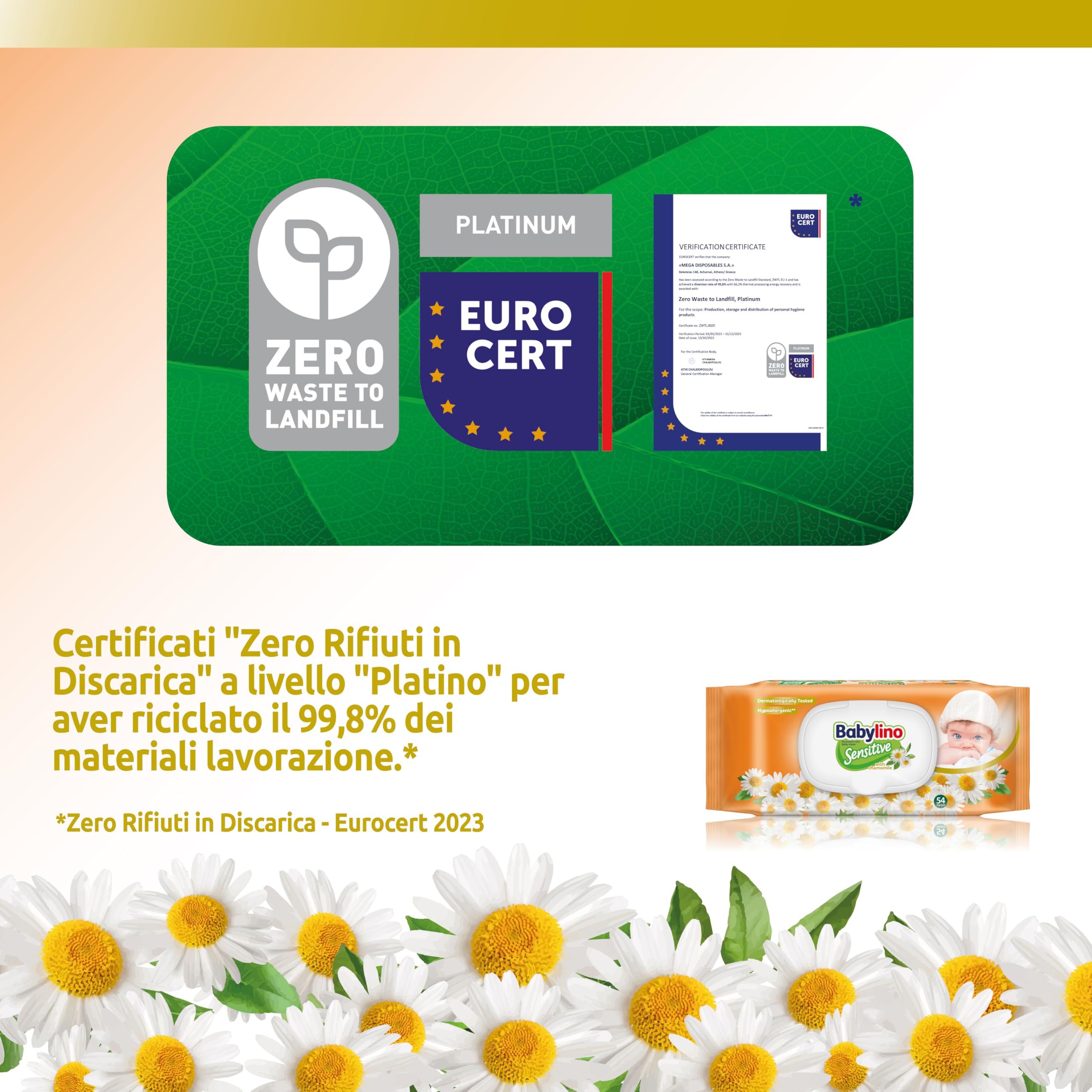 Salviette Neonato Babylino Sensitive Camomilla 98% Naturale PH Pelle, 3 Confezioni 162 Salviettine